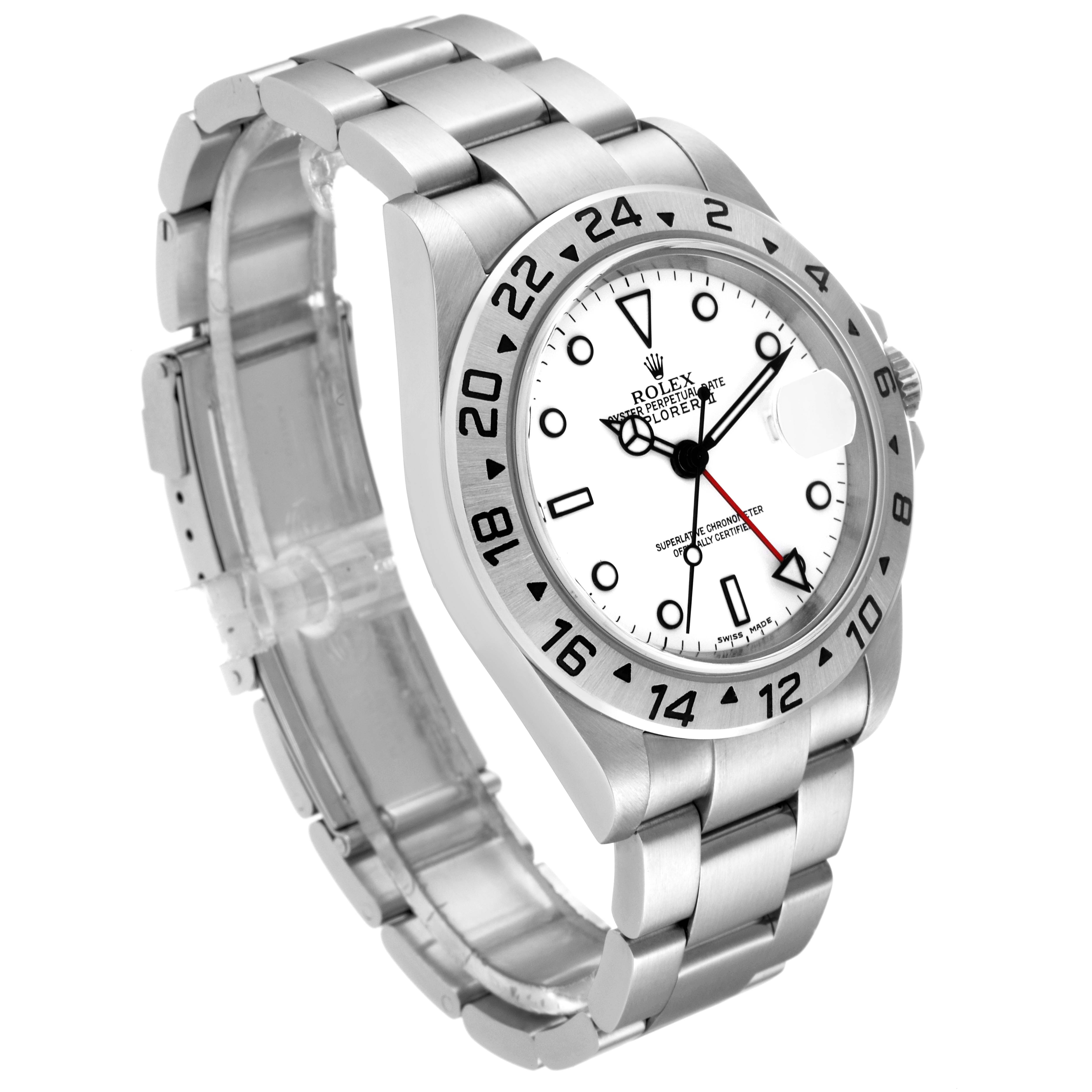 The Rolex Explorer 16570 Men's Stainless Steel White Dial 16570 Men's Stainless Steel White Dial model watch is shown at a three-quarter angle, highlighting the face, bezel, and part of the bracelet.