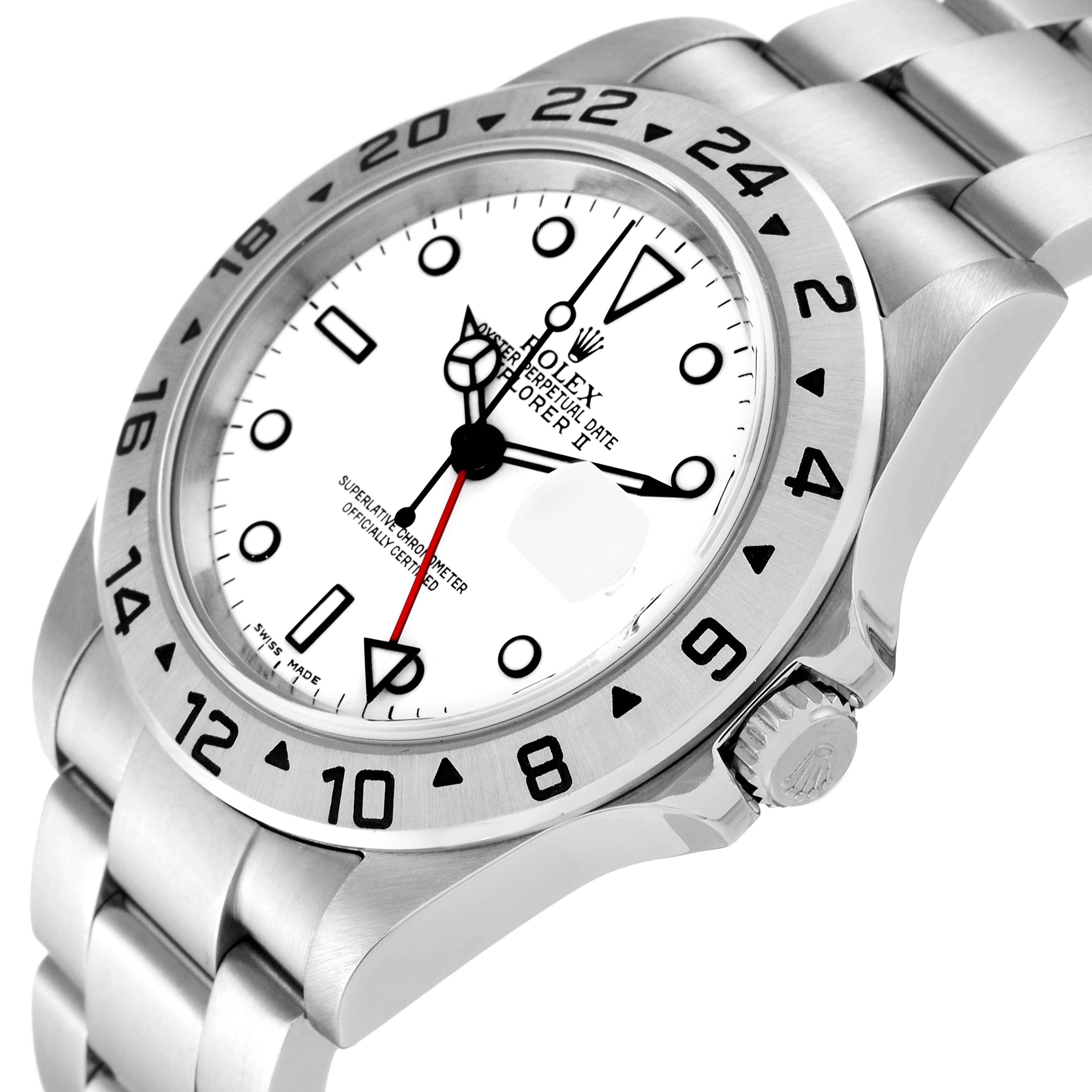 The Rolex Explorer 16570 Men's Stainless Steel White Dial 16570 Men's Stainless Steel White Dial watch is shown at an angled view, highlighting its face, bezel, crown, and bracelet.