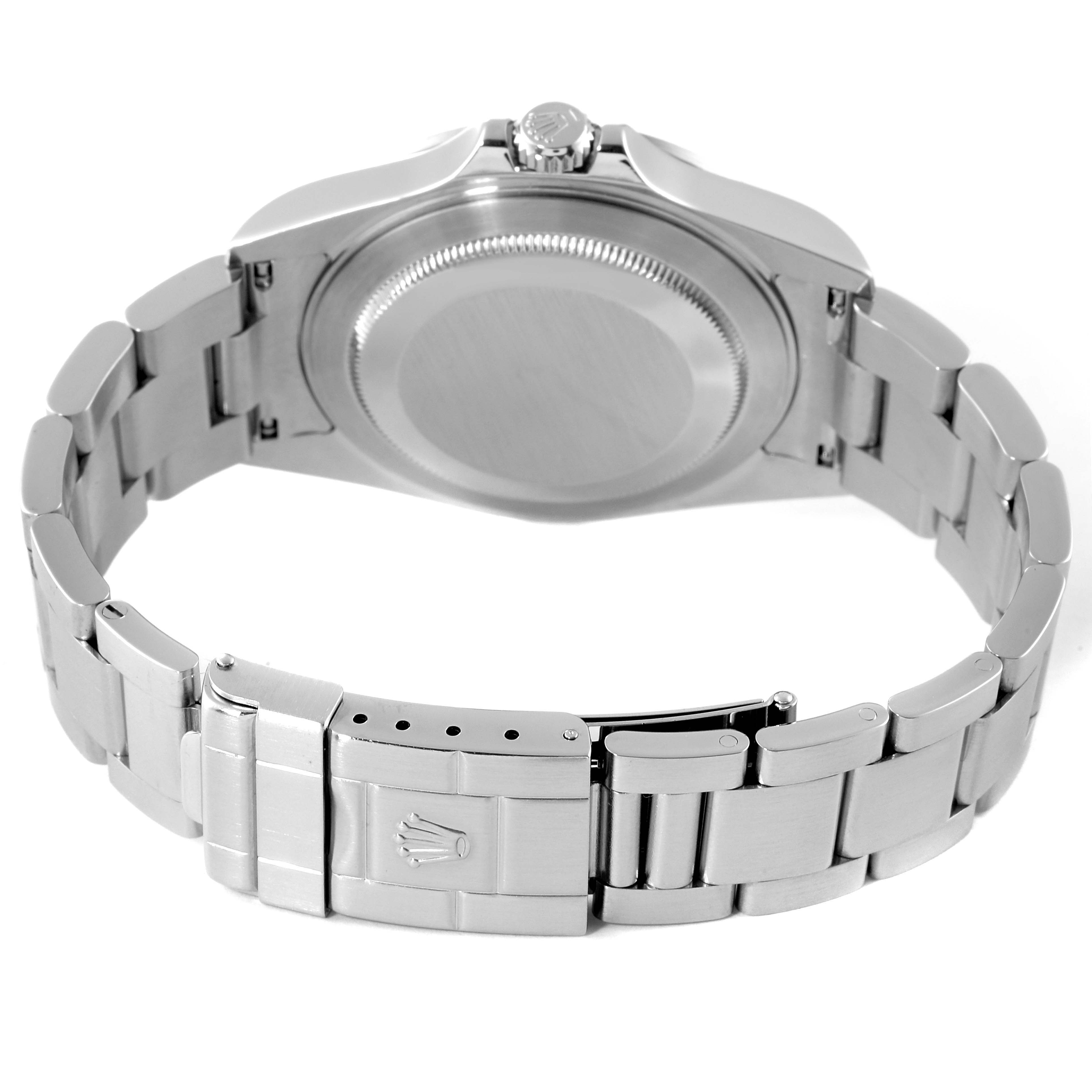 The image shows the back case, crown, and bracelet of the Rolex Explorer 16570 Men's Stainless Steel White Dial 16570 Men's Stainless Steel White Dial watch.