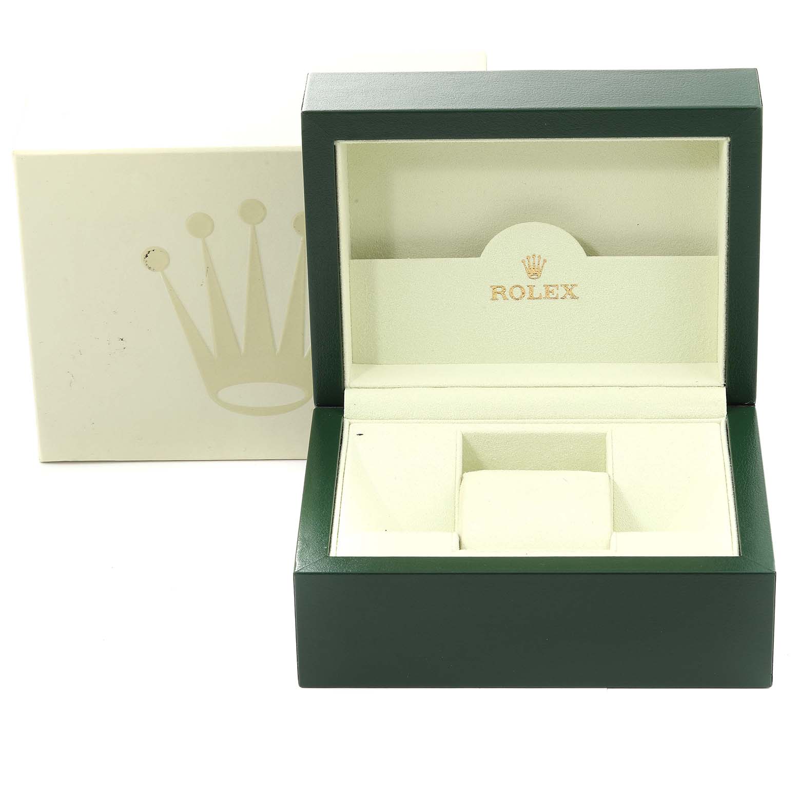 The image shows an open Rolex Explorer 16570 Men's Stainless Steel White Dial 16570 Men's Stainless Steel White Dial watch box and its outer packaging from a front angle.