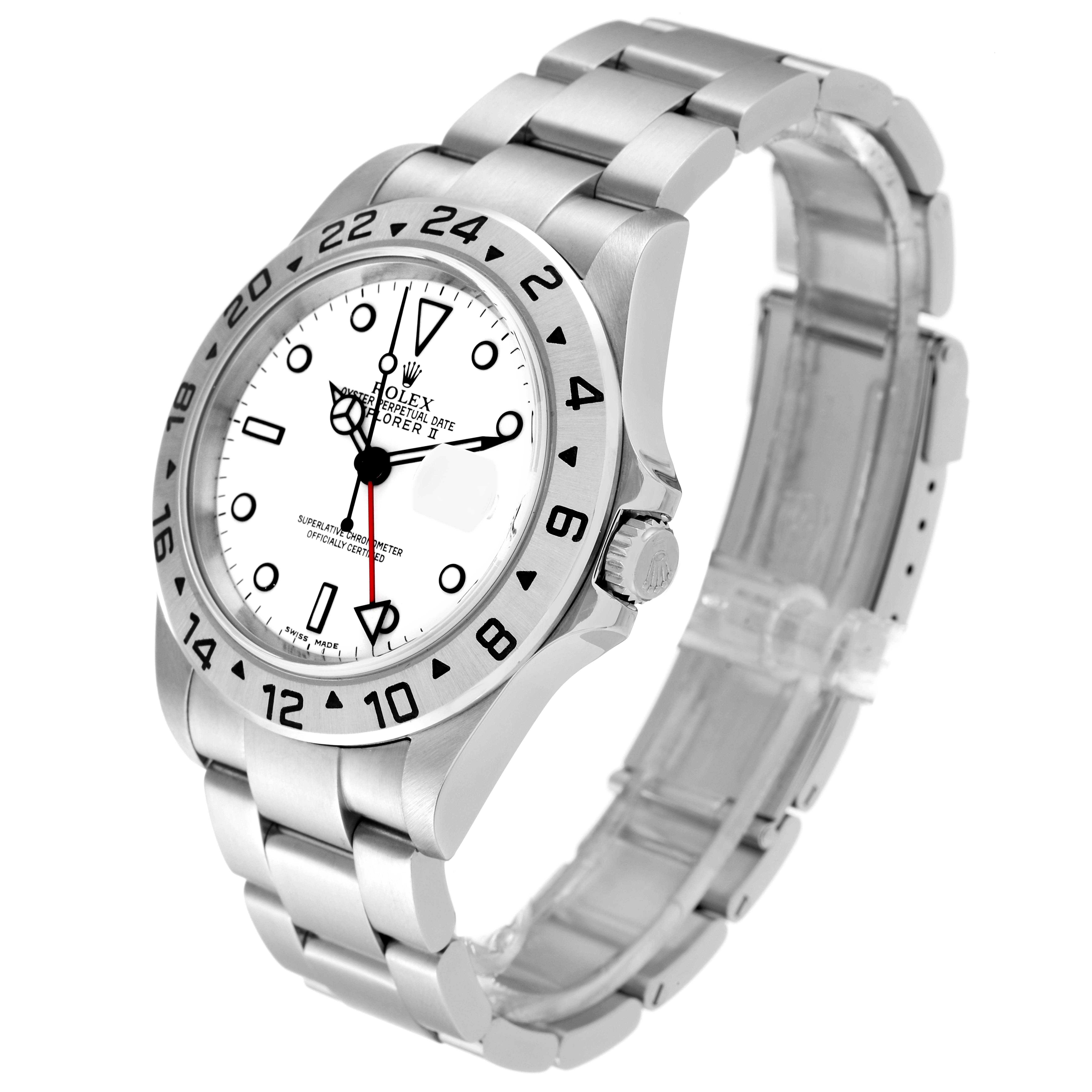 The image shows a Rolex Explorer 16570 Men's Stainless Steel White Dial 16570 Men's Stainless Steel White Dial watch at a three-quarter angle, highlighting its white dial, bezel, crown, and bracelet.