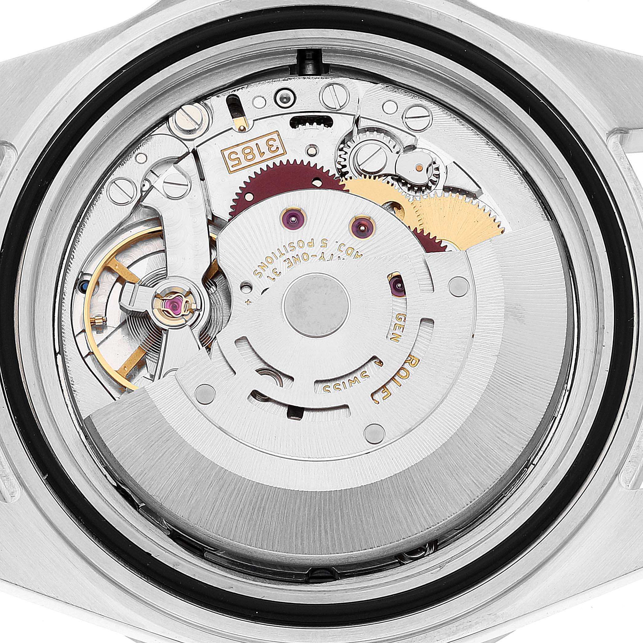This image shows the inner mechanical movement of a Rolex Explorer 16570 Men's Stainless Steel White Dial 16570 Men's Stainless Steel White Dial model from a rear angle with its caseback removed.