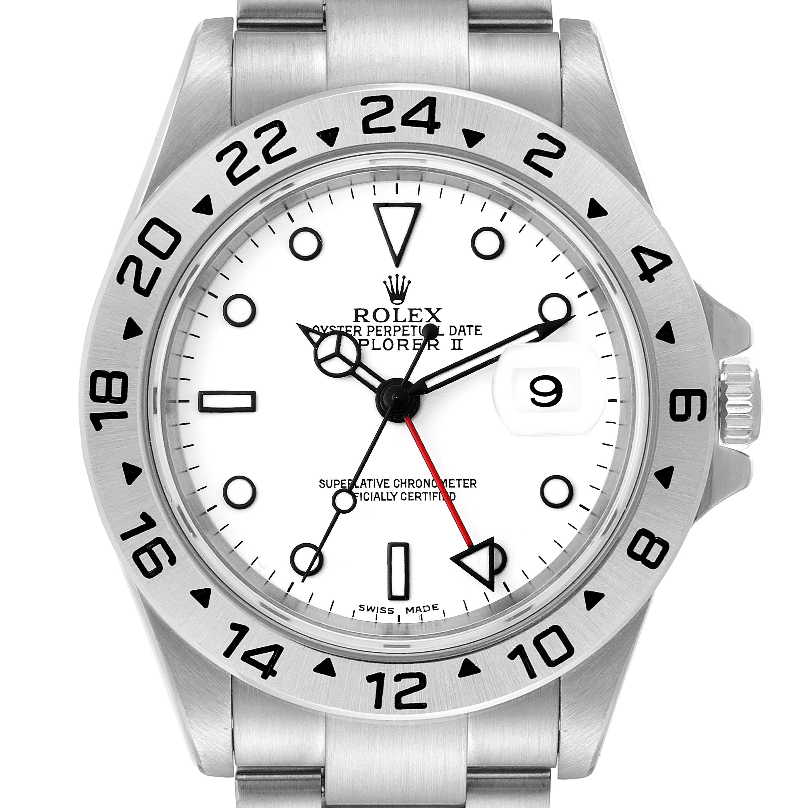The image shows a front-facing angle of a Rolex Explorer 16570 Men's Stainless Steel White Dial 16570 Men's Stainless Steel White Dial watch, highlighting the dial, bezel, and part of the bracelet.