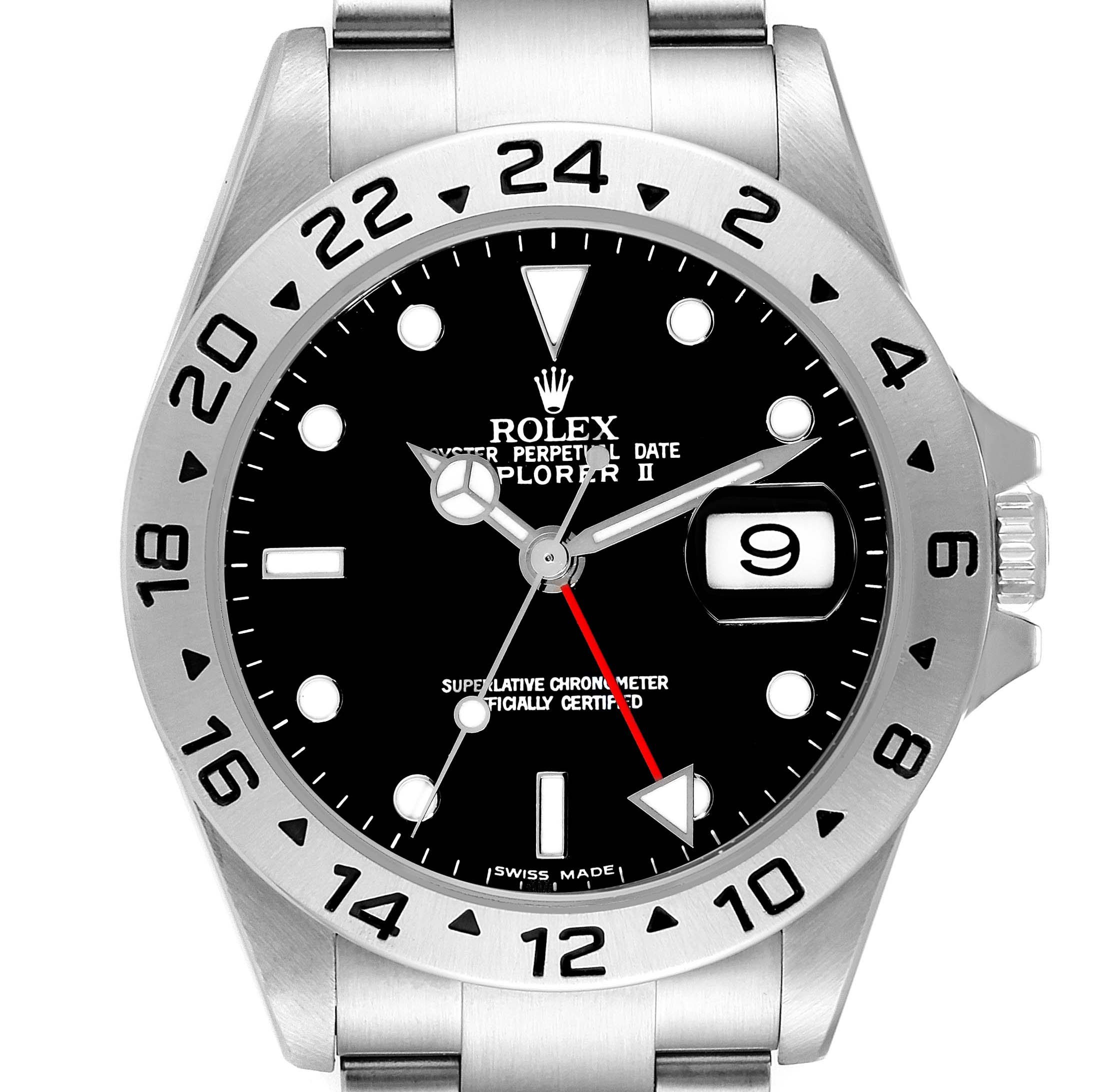 The image shows a front view of the Rolex Explorer 16570 Men
s Stainless Steel Black Dial 16570 Men
s Stainless Steel Black Dial watch, highlighting the dial, bezel, hands, and bracelet.