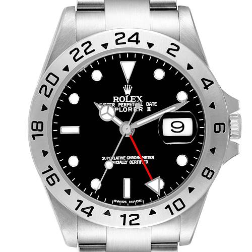 The image shows the front view of a Rolex Explorer II watch, highlighting the dial, hands, bezel, date window, and part of the bracelet.