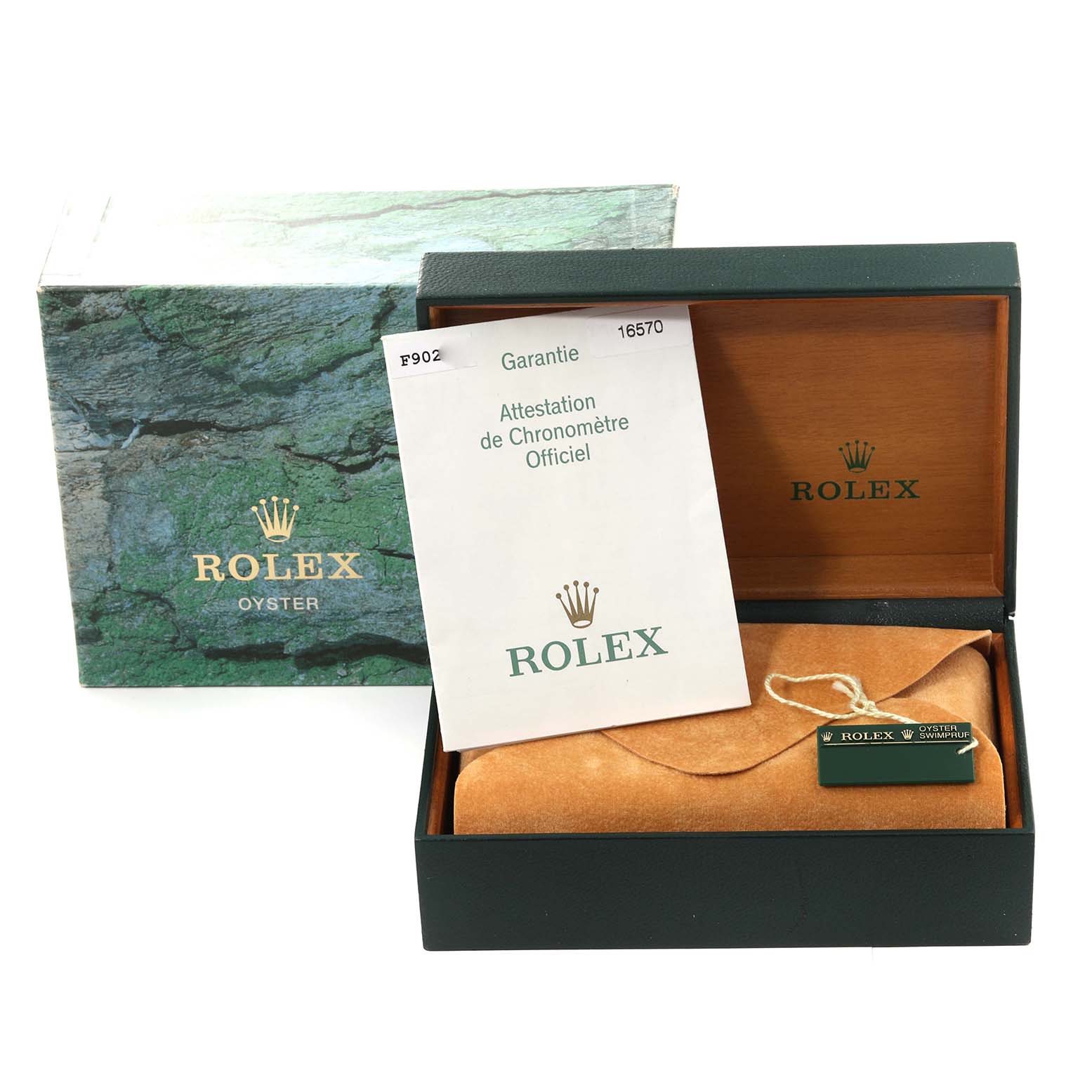 The image shows a Rolex Explorer 16570 Men
s Stainless Steel Black Dial 16570 Men
s Stainless Steel Black Dial box, warranty card, and tag, presented at an angle revealing the inner and outer packaging.