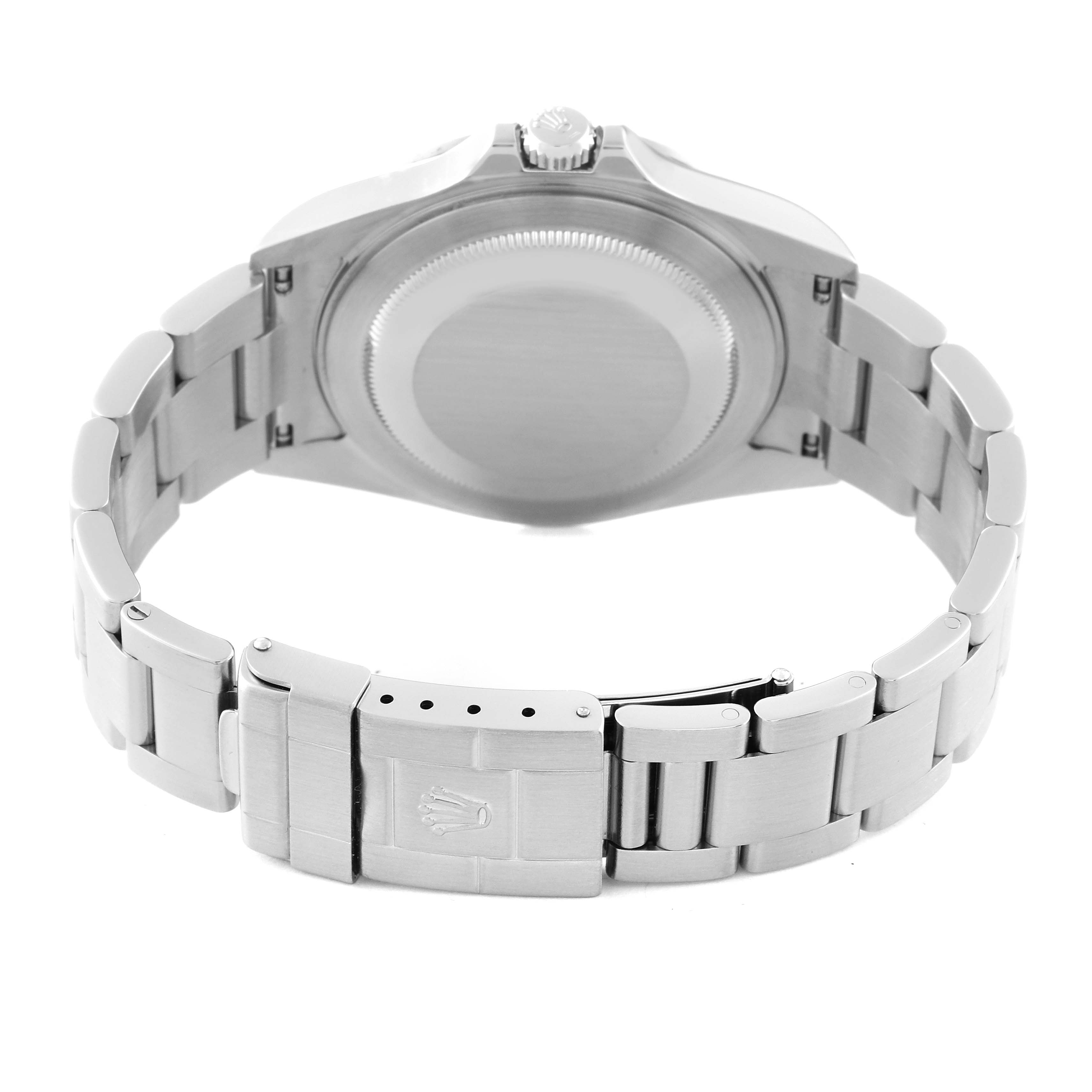 This image shows the back view of a Rolex Explorer 16570 Men
s Stainless Steel Black Dial 16570 Men
s Stainless Steel Black Dial watch, including the case back, bracelet, and clasp.