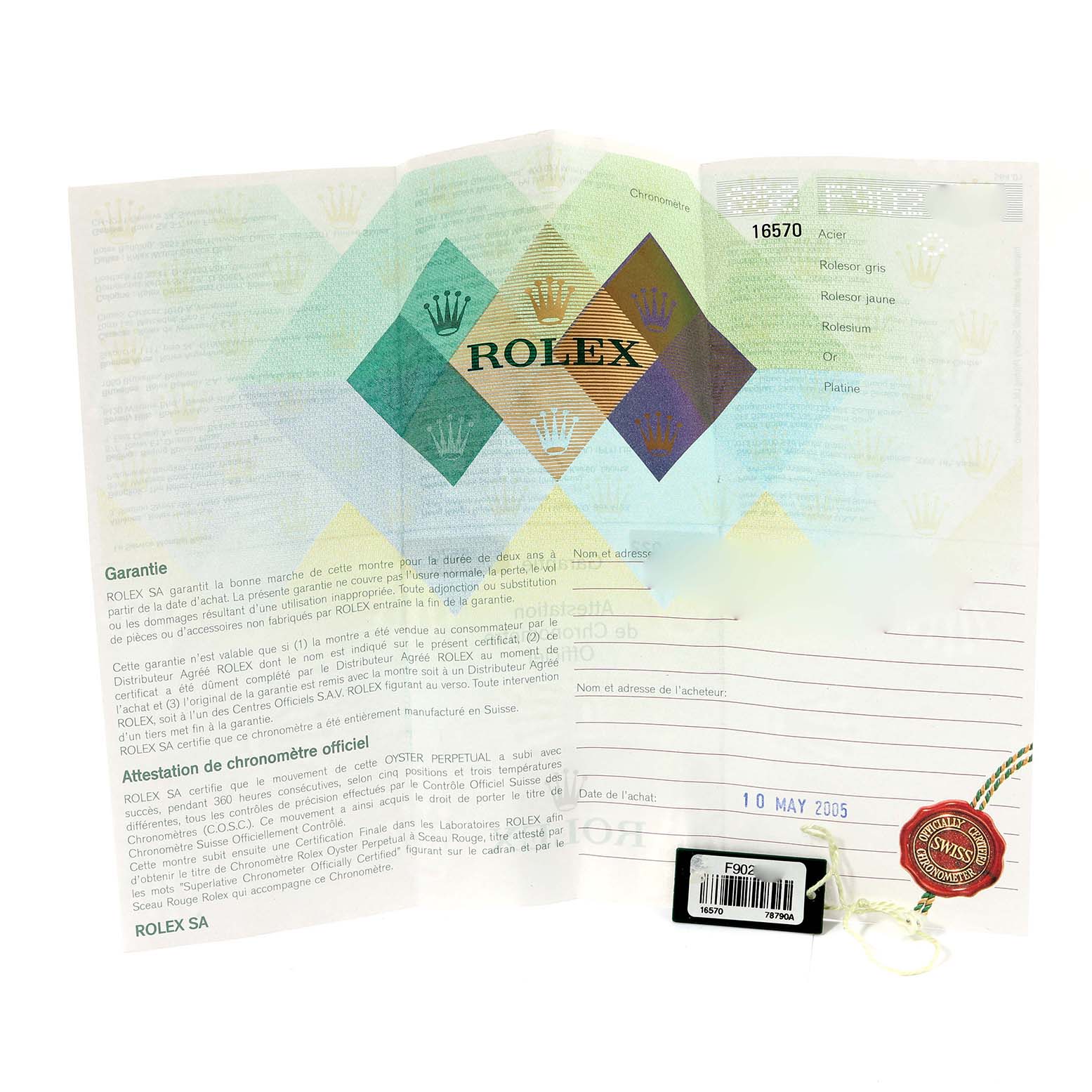 The image shows the warranty and certification papers for a Rolex Explorer 16570 Men
s Stainless Steel Black Dial 16570 Men
s Stainless Steel Black Dial watch, along with a red "Swiss Chronometer" seal.