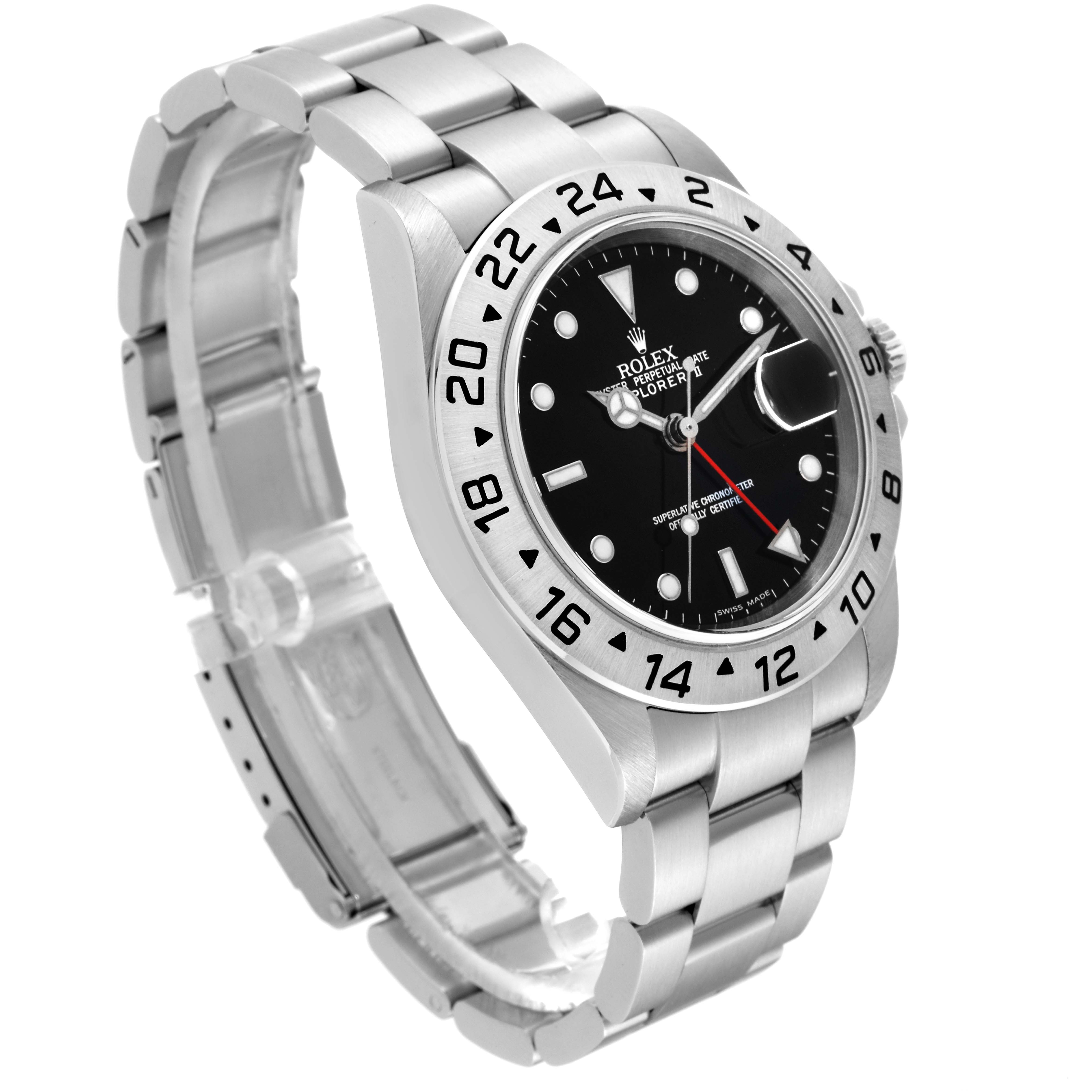 This image shows a Rolex Explorer 16570 Men
s Stainless Steel Black Dial 16570 Men
s Stainless Steel Black Dial watch at a slight angle, highlighting the face, bezel, and stainless steel bracelet.