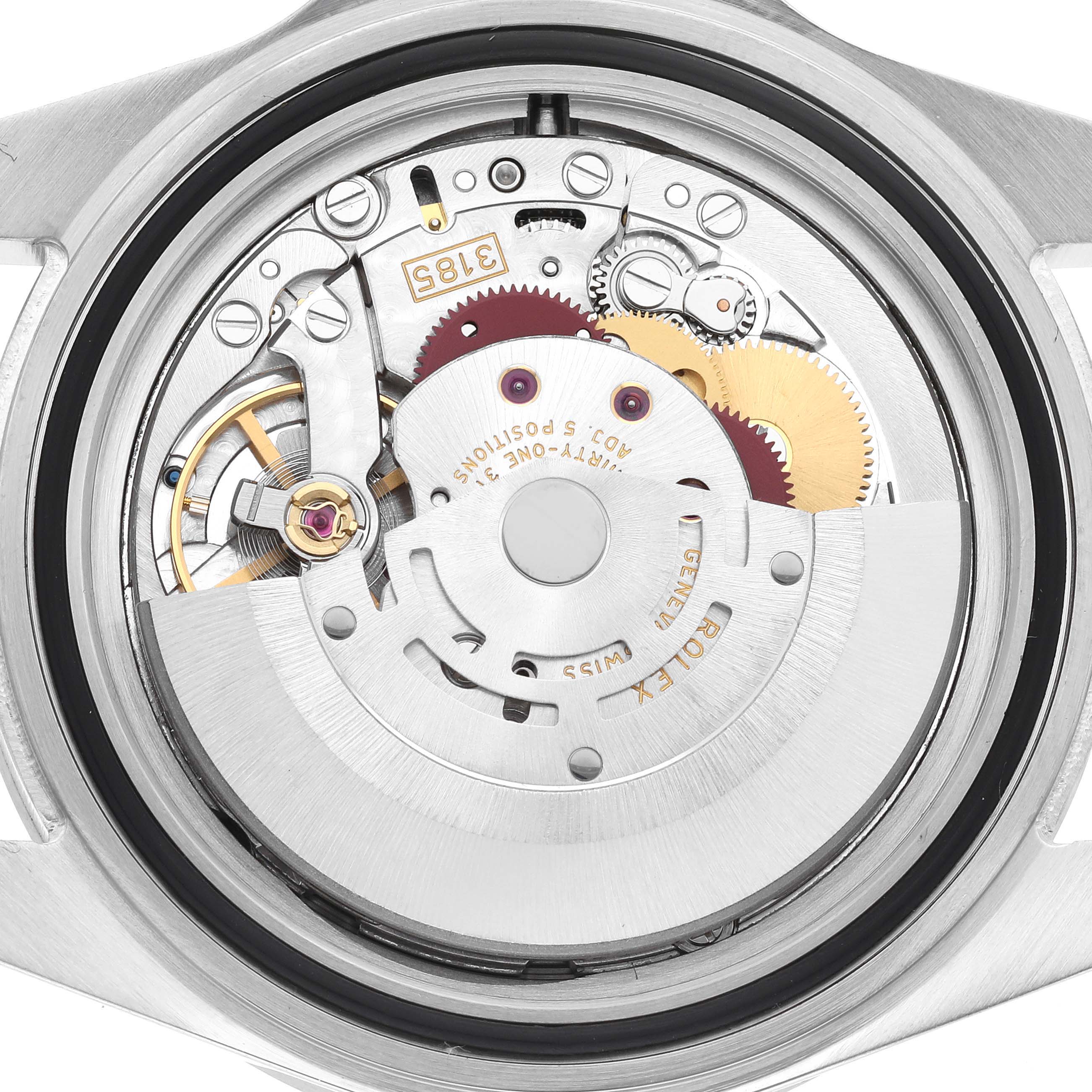 This image shows a close-up of the internal movement mechanism of a Rolex Explorer 16570 Men
s Stainless Steel Black Dial 16570 Men
s Stainless Steel Black Dial watch.