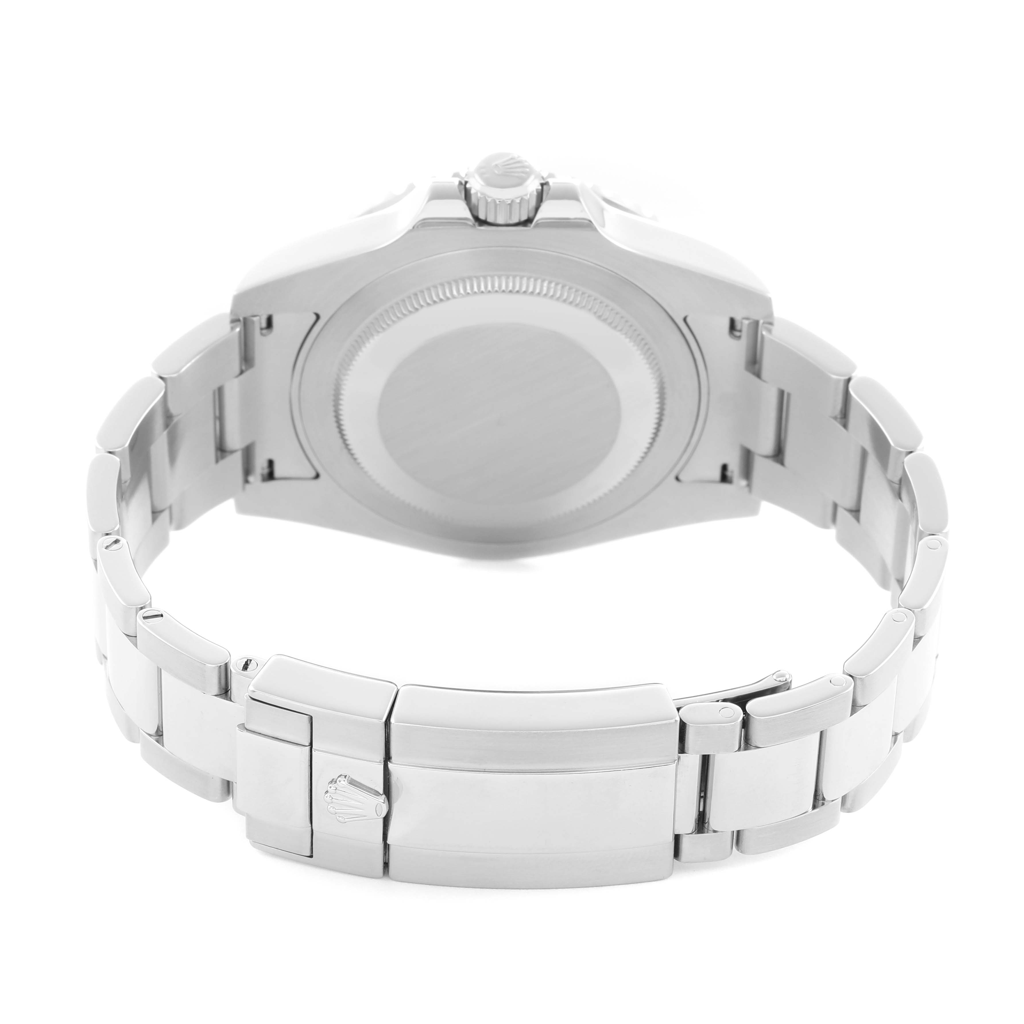 The image shows the back and bracelet of the Rolex GMT-Master 116710 Men
s Stainless Steel Black Dial watch, focusing on the clasp and case back.