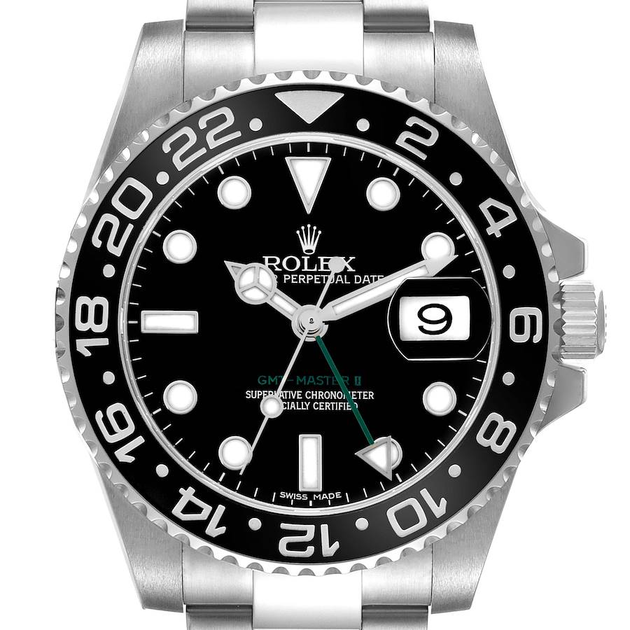 The image shows a frontal view of the Rolex GMT-Master 116710 Men's Stainless Steel Black Dial II, highlighting the bezel, dial, and crown.