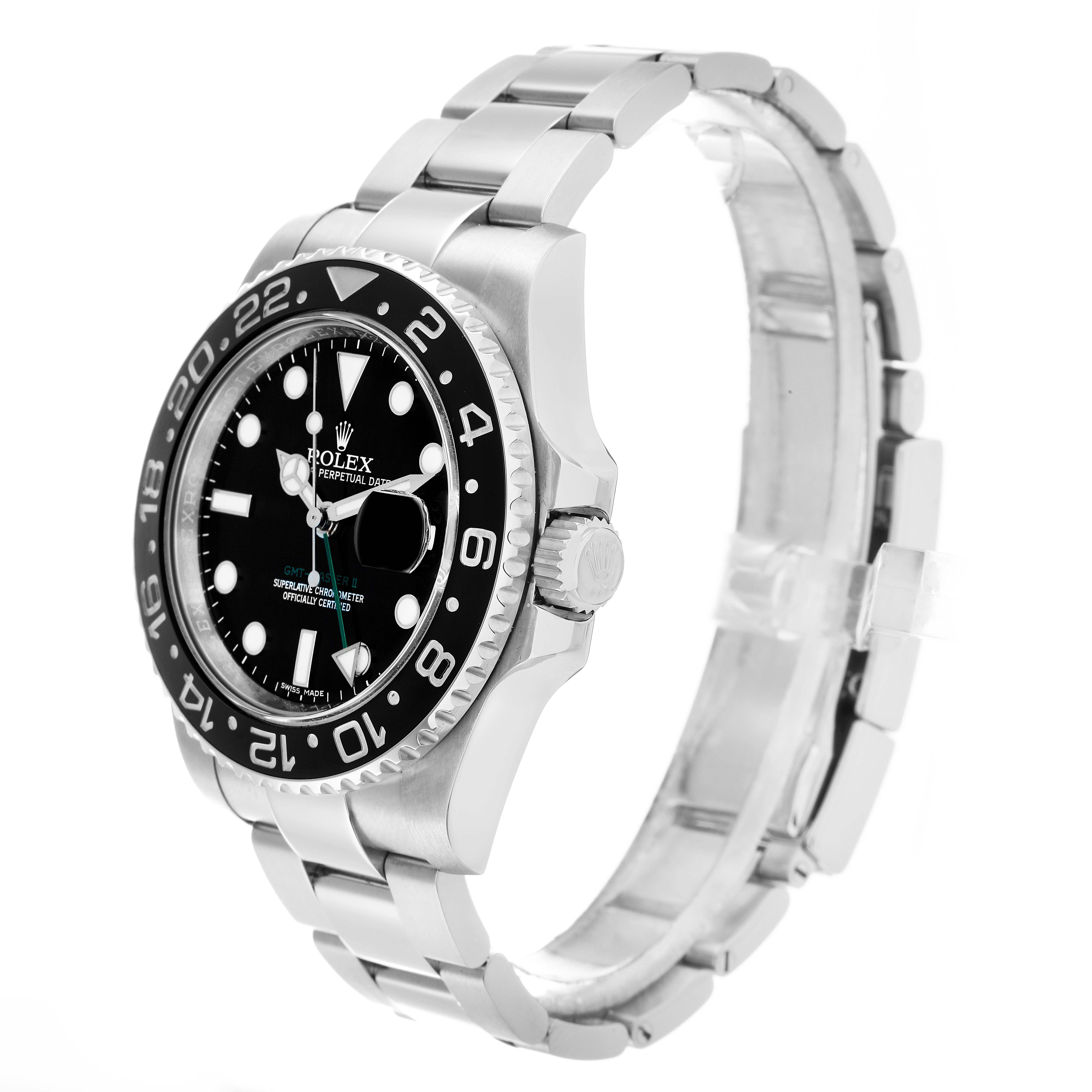 The image shows the Rolex GMT-Master 116710 Men
s Stainless Steel Black Dial watch from a side angle, displaying the bezel, crown, and part of the bracelet.