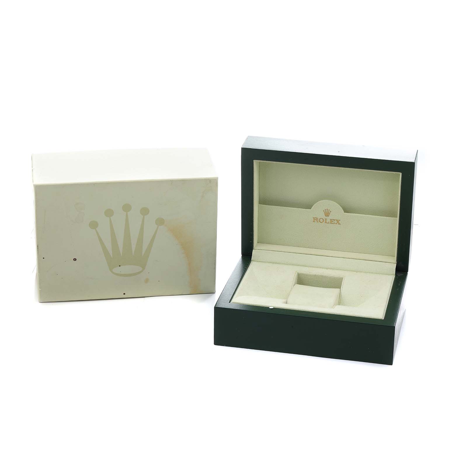 The image shows an empty Rolex watch box and its outer case for the GMT-Master model, viewed from the top at a slight angle.