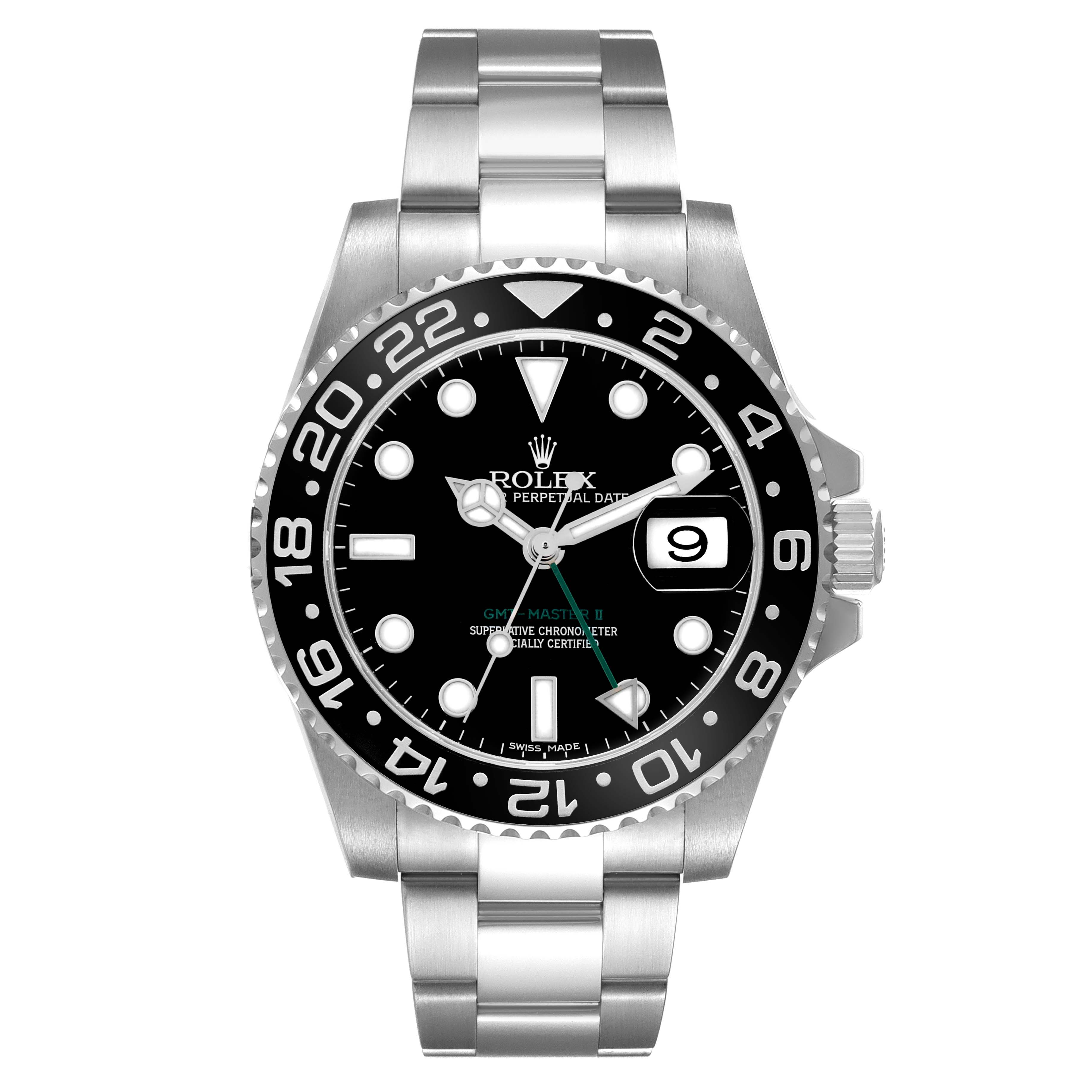 The image shows a front view of the Rolex GMT-Master 116710 Men
s Stainless Steel Black Dial II, displaying the face, bezel, crown, and bracelet.