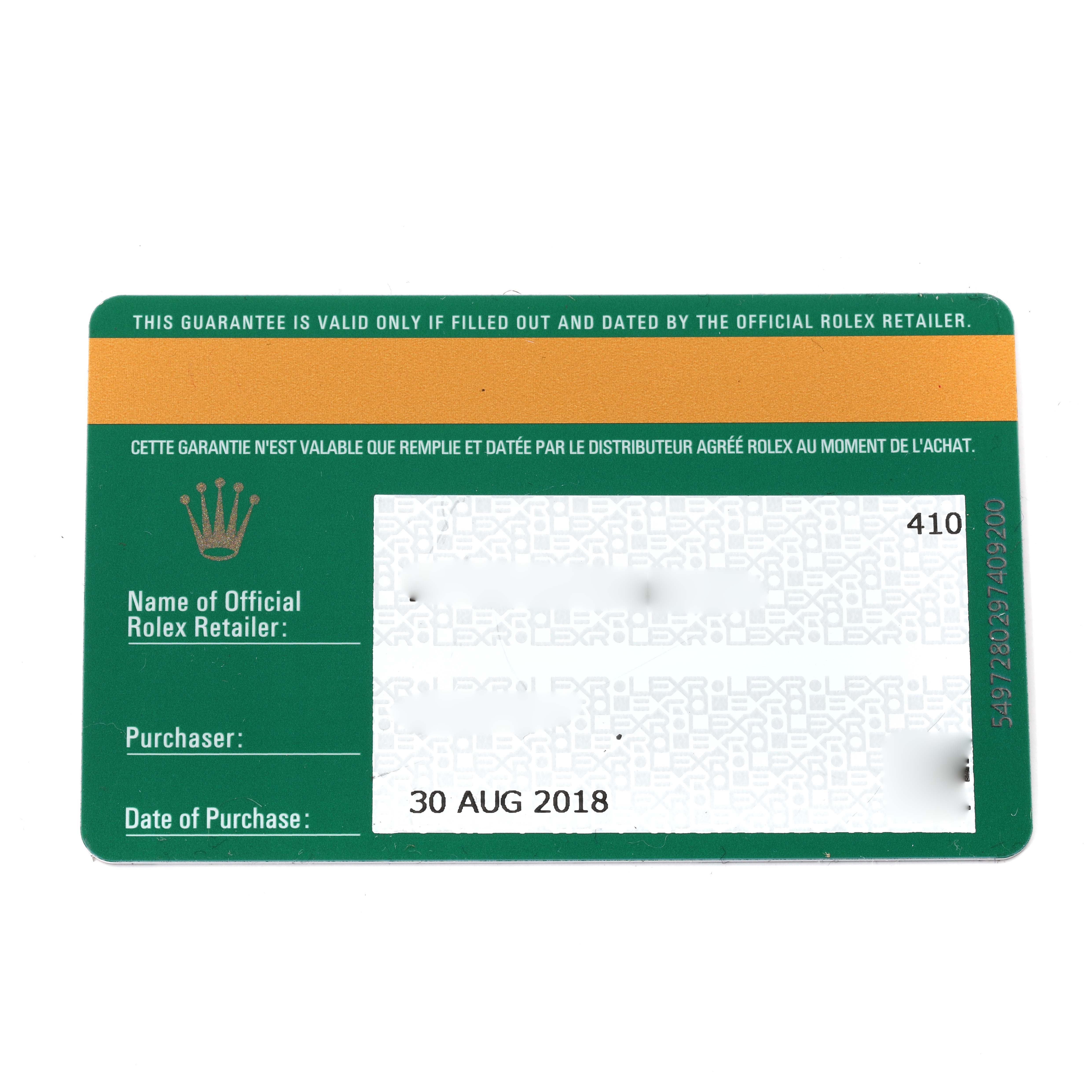 This is a warranty card for the Rolex GMT-Master 126710 Men's Stainless Steel Black Dial 126710 Men's Stainless Steel Black Dial watch, showing purchase and retailer details.