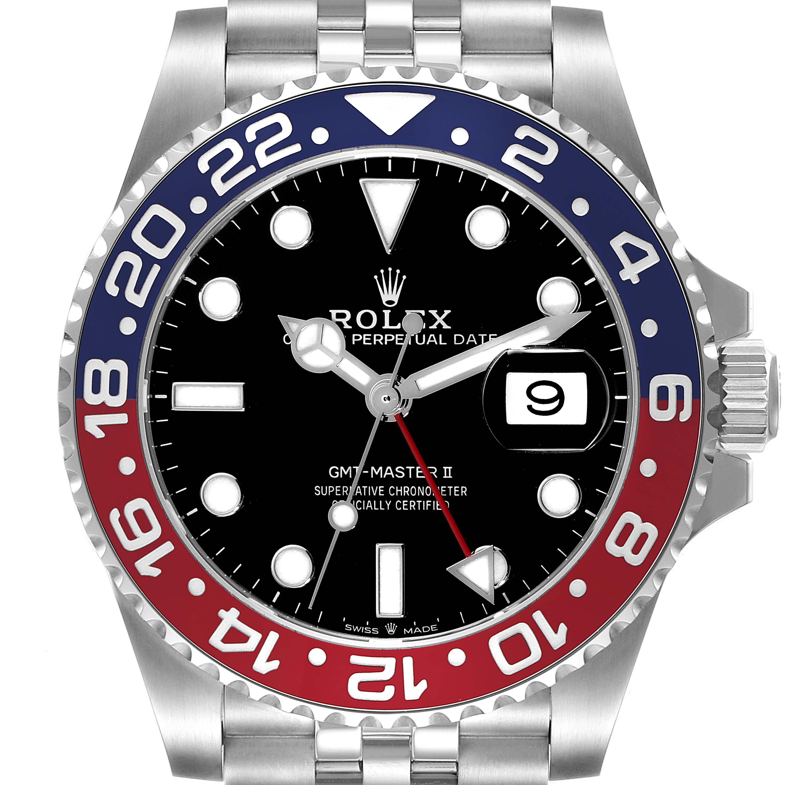 The image shows a front view of the Rolex GMT-Master 126710 Men's Stainless Steel Black Dial 126710 Men's Stainless Steel Black Dial II watch, displaying its dial, bezel, and part of the bracelet.