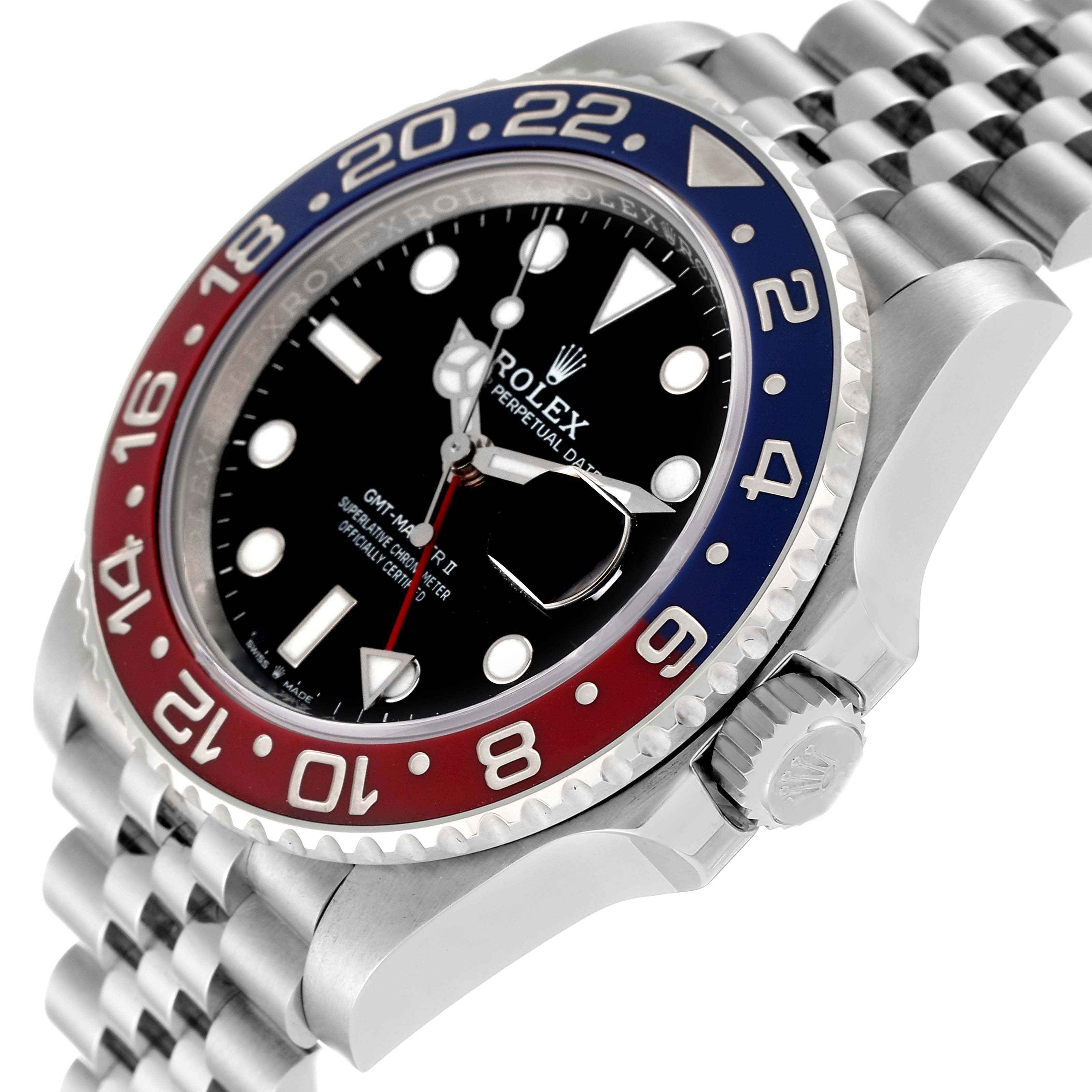 This image shows a close-up angle of the Rolex GMT-Master 126710 Men's Stainless Steel Black Dial 126710 Men's Stainless Steel Black Dial II, highlighting the bezel, dial, and part of the bracelet.