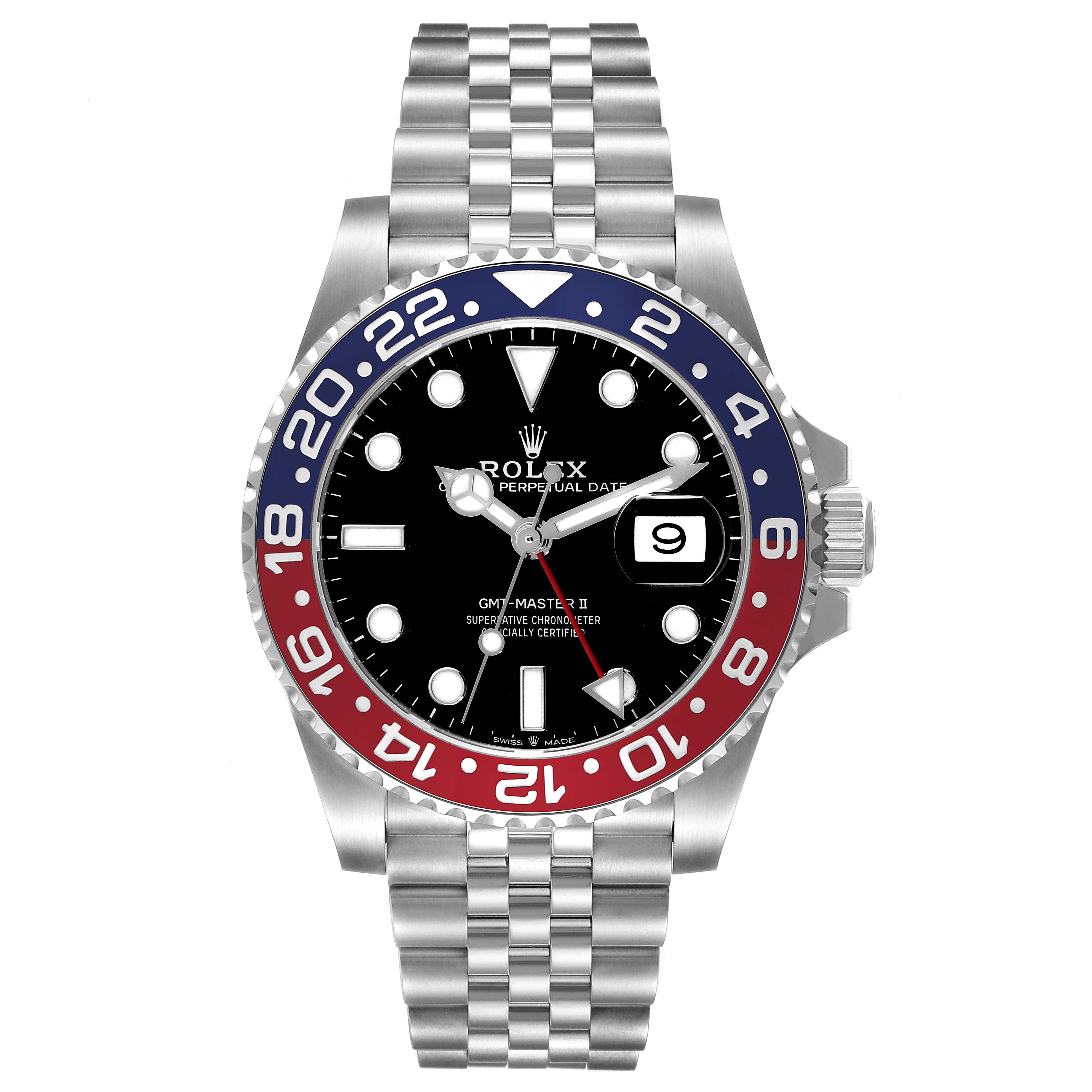 This image shows a front view of the Rolex GMT-Master 126710 Men's Stainless Steel Black Dial 126710 Men's Stainless Steel Black Dial II watch, including its bezel, dial, hands, date window, and bracelet.