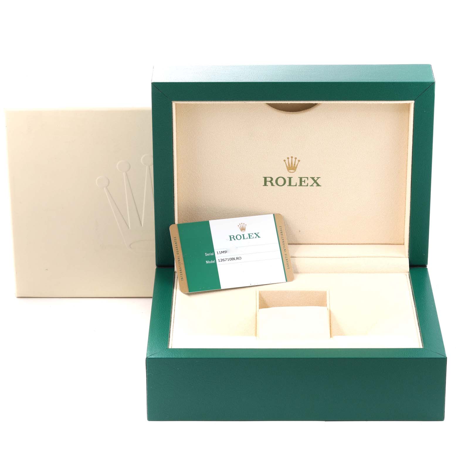 The image shows an open Rolex GMT-Master 126710 Men's Stainless Steel Black Dial 126710 Men's Stainless Steel Black Dial watch box with a warranty card inside.