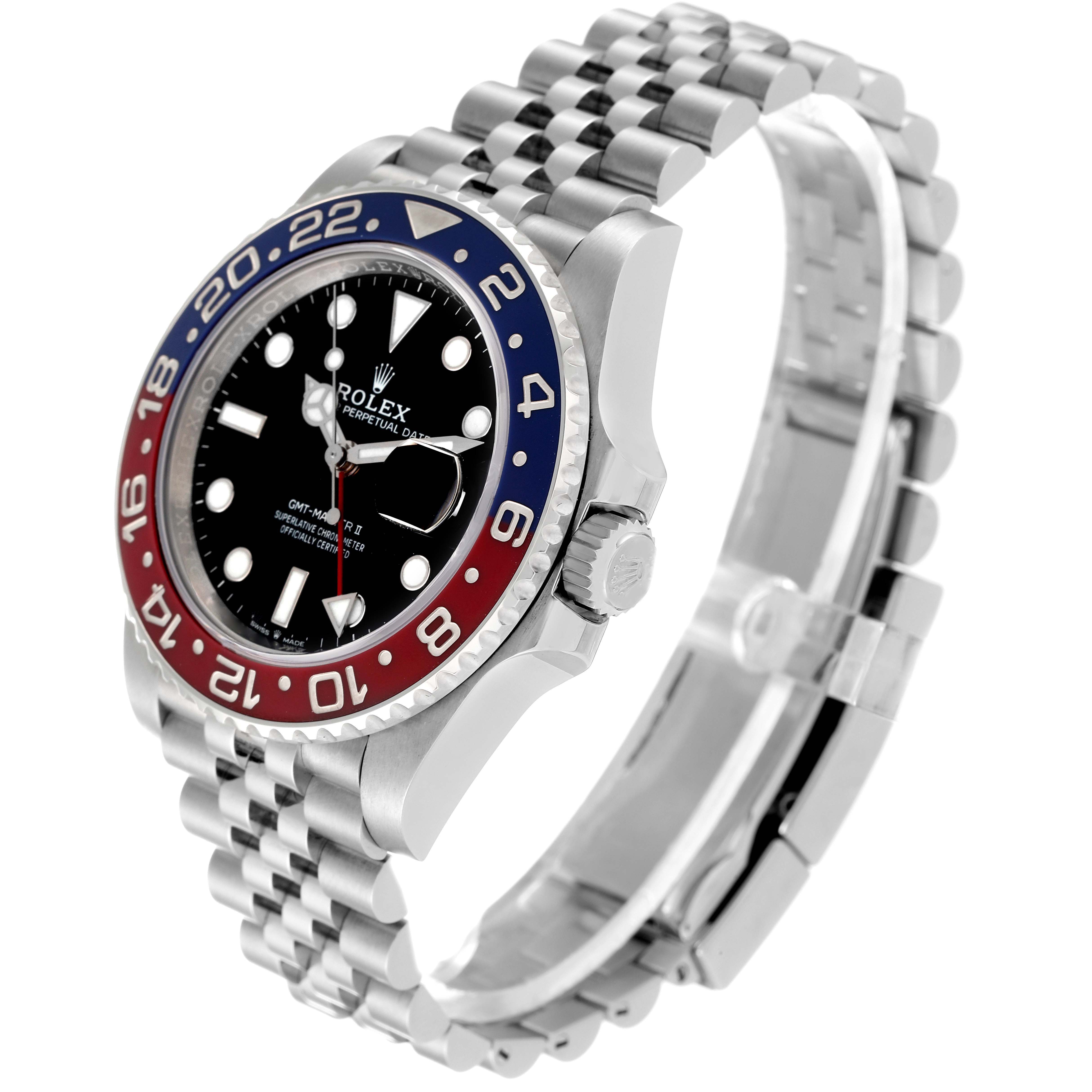 The Rolex GMT-Master 126710 Men's Stainless Steel Black Dial 126710 Men's Stainless Steel Black Dial watch is shown at a slight angle, highlighting its bezel, dial, crown, and jubilee bracelet.