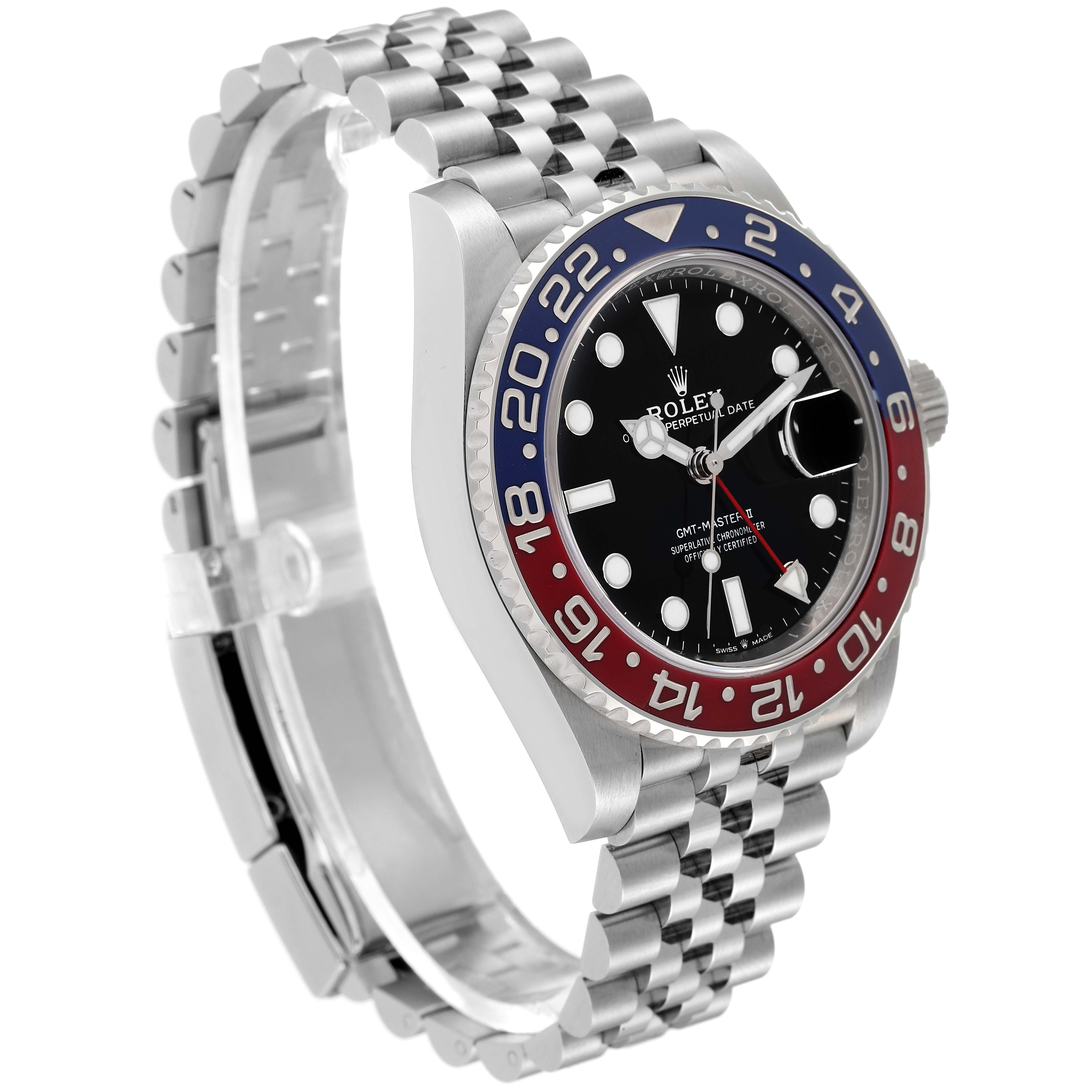 The Rolex GMT-Master 126710 Men's Stainless Steel Black Dial 126710 Men's Stainless Steel Black Dial watch is shown at a side angle, displaying its bezel, face, and part of the bracelet.