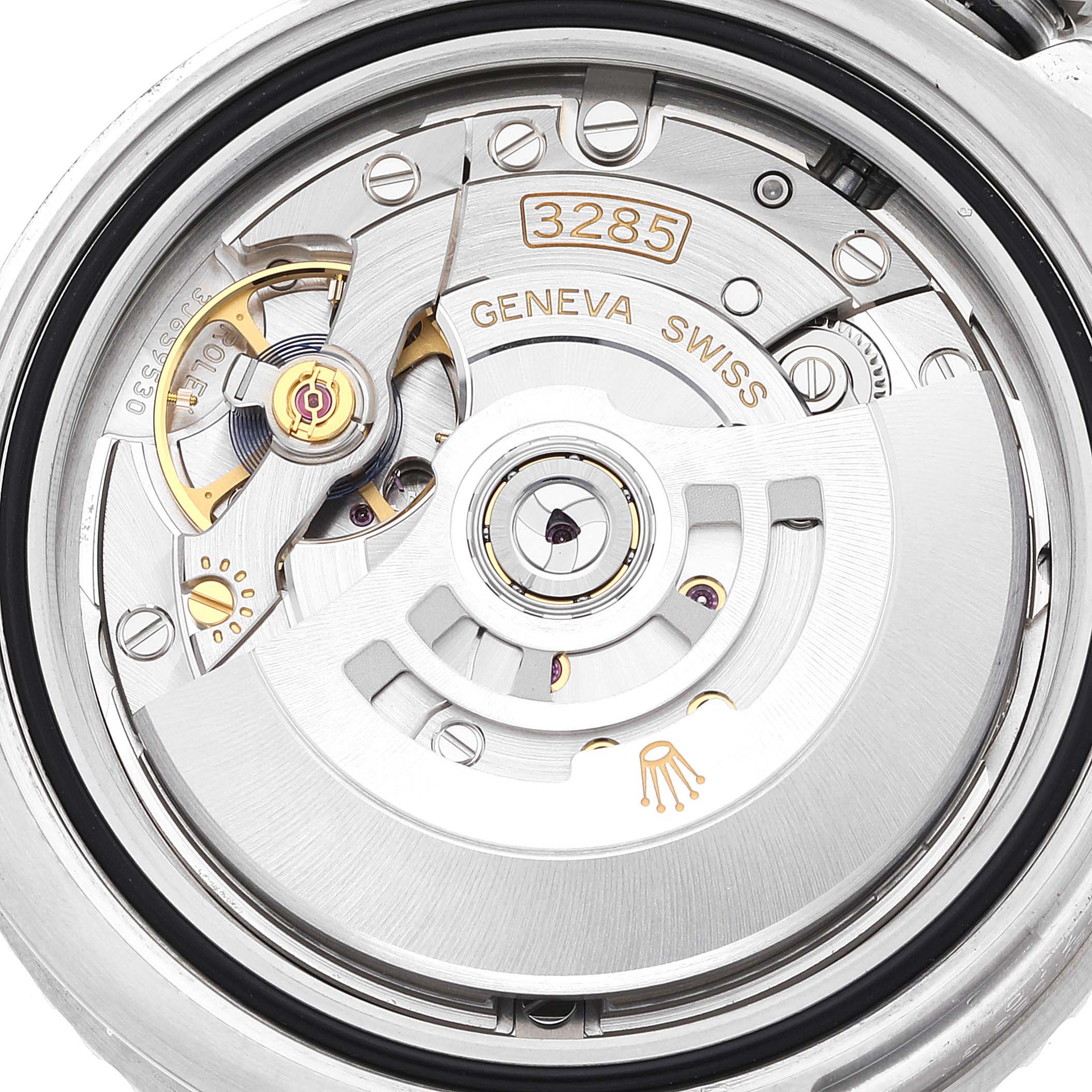 The image shows a close-up view of the movement in a Rolex GMT-Master 126710 Men's Stainless Steel Black Dial 126710 Men's Stainless Steel Black Dial watch, specifically the caliber 3285.