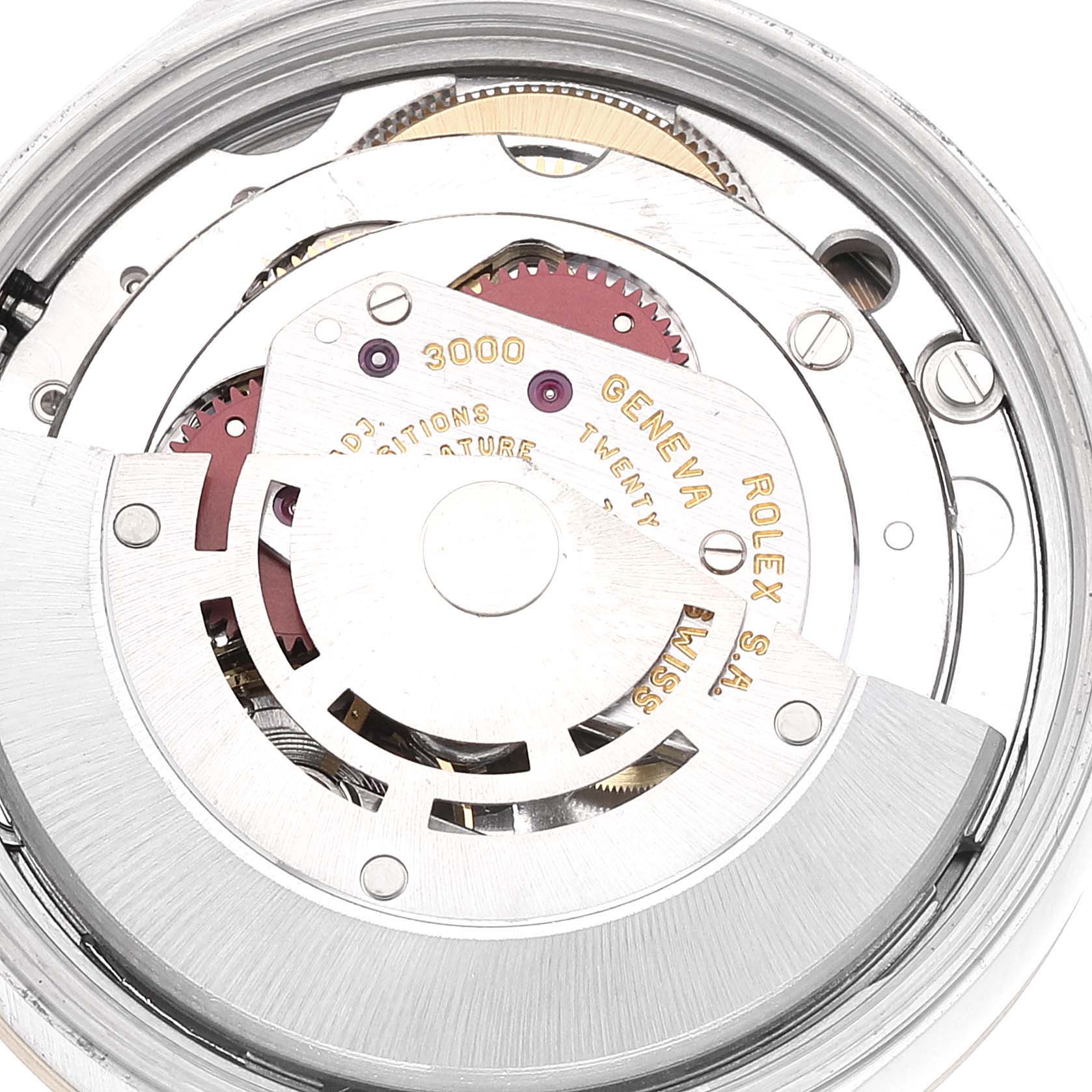 The image shows a detailed view of the internal movement mechanism of a Rolex Oyster Perpetual 14203 Men's Steel and Gold (two tone) Grey Dial 14203 Men's Steel and Gold (two tone) Grey Dial watch.
