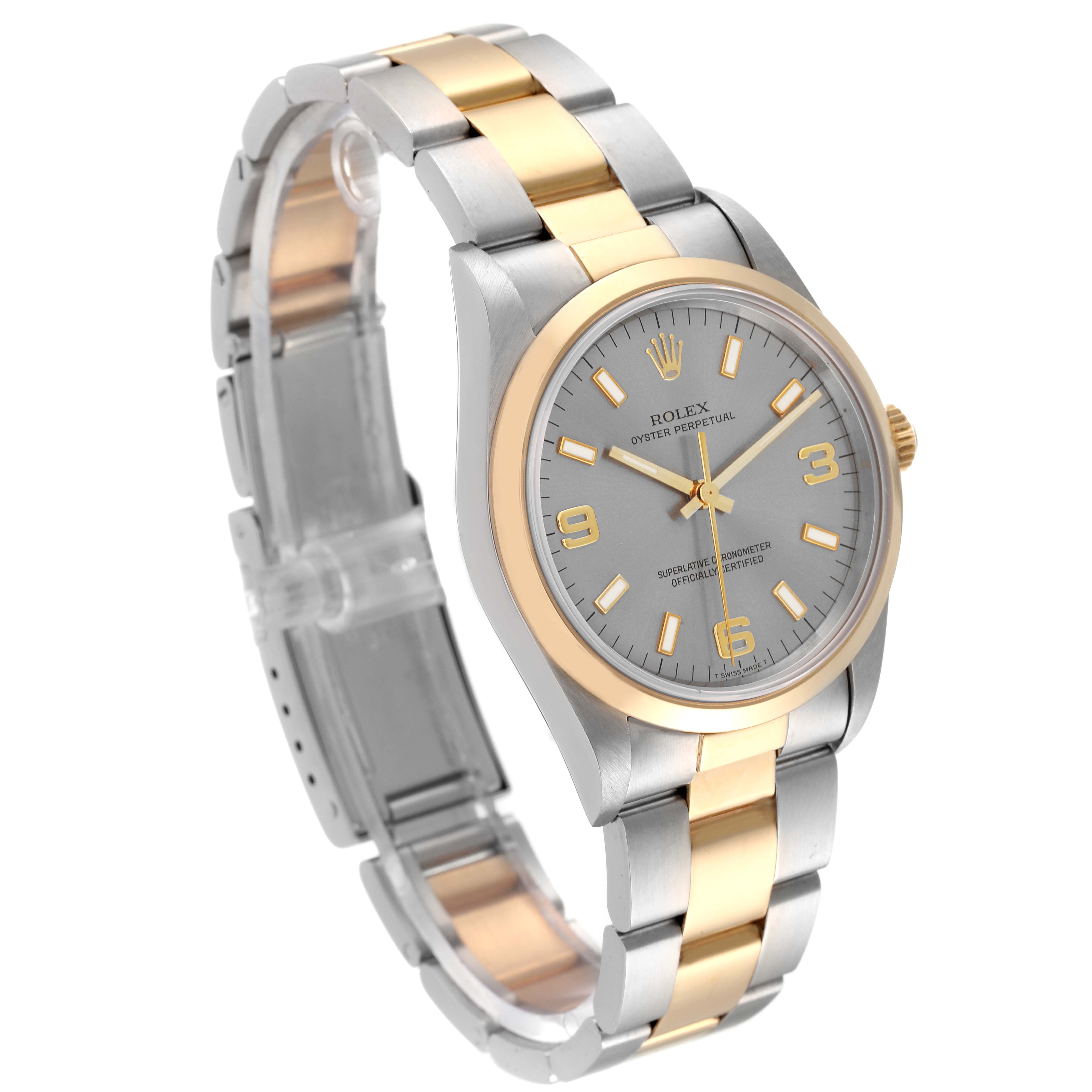 The image shows a Rolex Oyster Perpetual 14203 Men's Steel and Gold (two tone) Grey Dial 14203 Men's Steel and Gold (two tone) Grey Dial watch at an angled view, highlighting its two-tone bracelet and face.