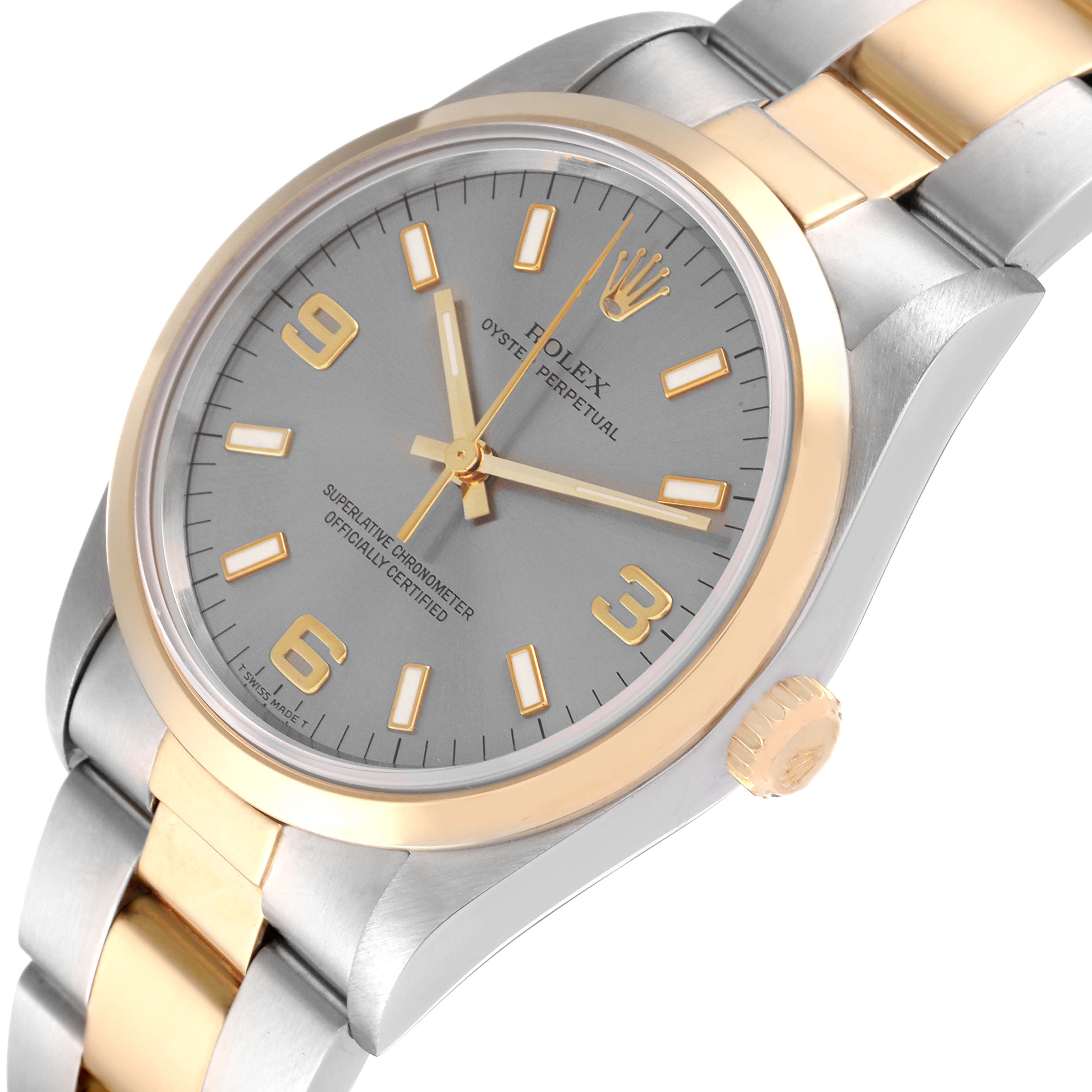 This Oyster Perpetual Rolex watch is shown at an angled view displaying the dial, crown, and part of the bracelet.