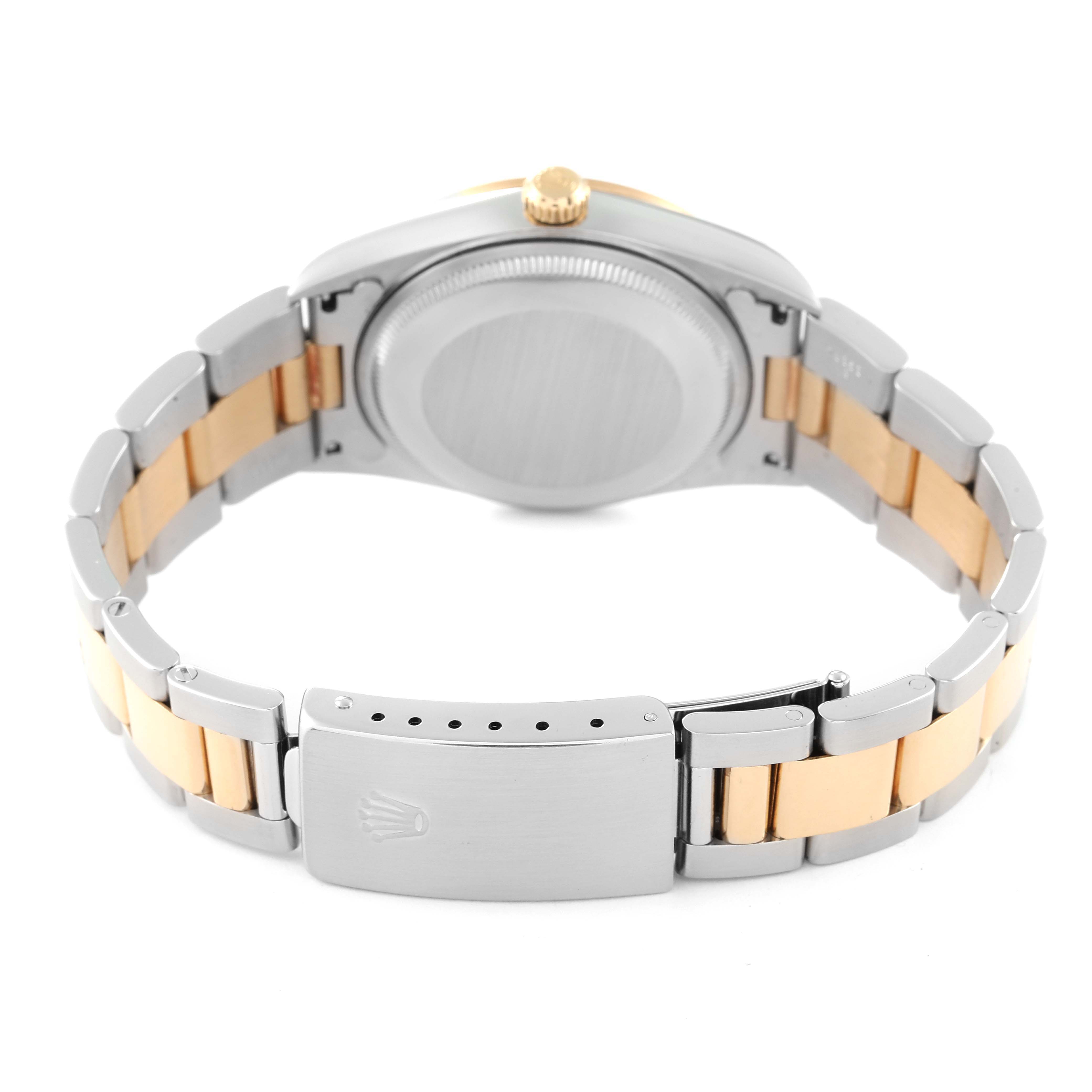 The image shows the back of a Rolex Oyster Perpetual 14203 Men's Steel and Gold (two tone) Grey Dial 14203 Men's Steel and Gold (two tone) Grey Dial watch, displaying the case back and two-tone bracelet with its clasp.