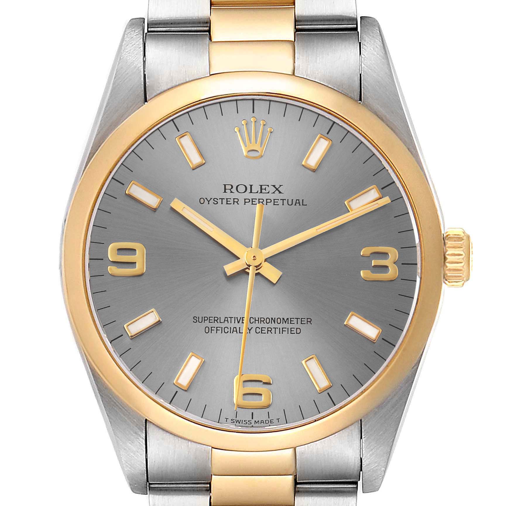 This image shows a front view of the Rolex Oyster Perpetual 14203 Men's Steel and Gold (two tone) Grey Dial 14203 Men's Steel and Gold (two tone) Grey Dial watch, displaying the dial, bezel, and part of the bracelet.