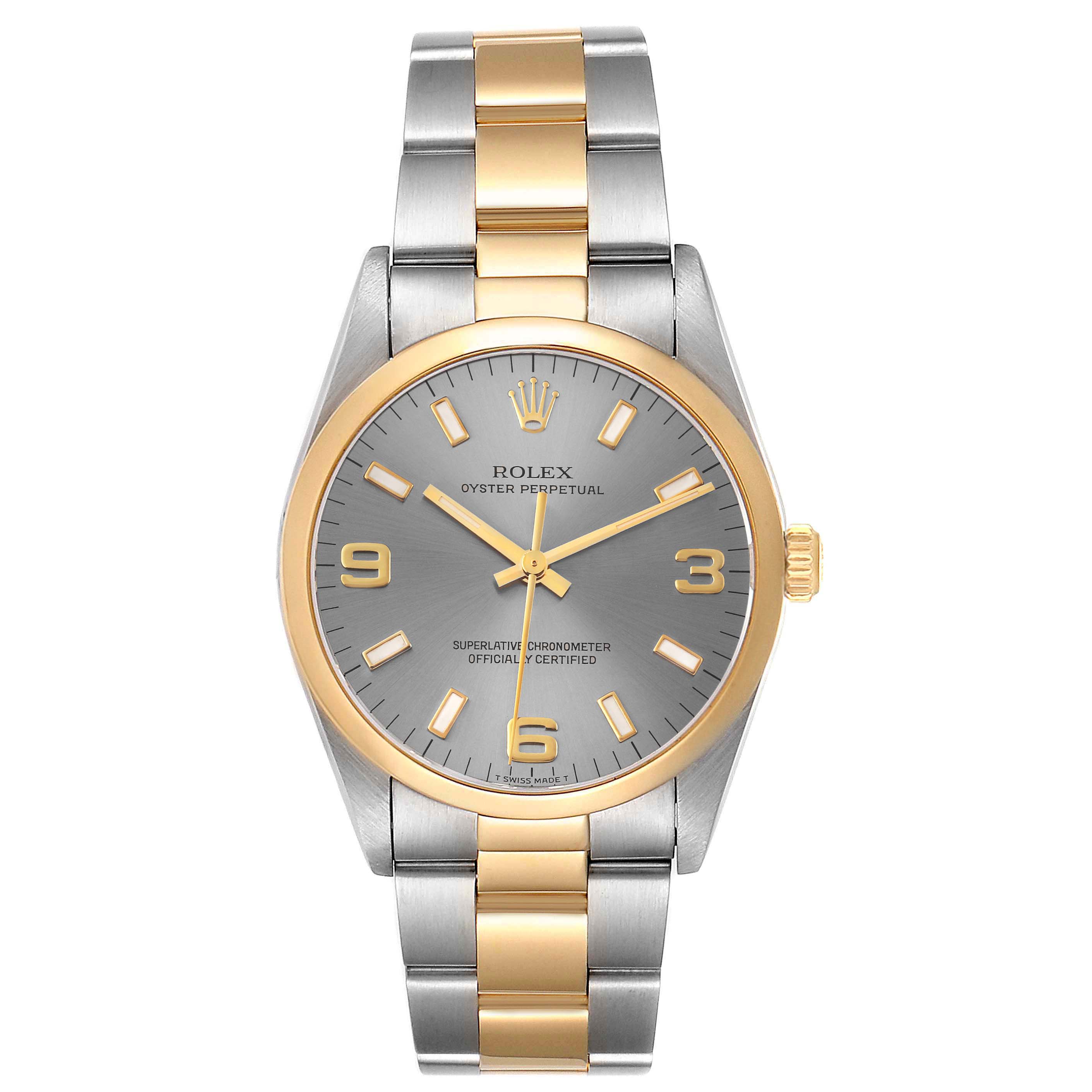 The image shows a front view of a Rolex Oyster Perpetual 14203 Men's Steel and Gold (two tone) Grey Dial 14203 Men's Steel and Gold (two tone) Grey Dial watch, highlighting its bi-metal bracelet and gold bezel.