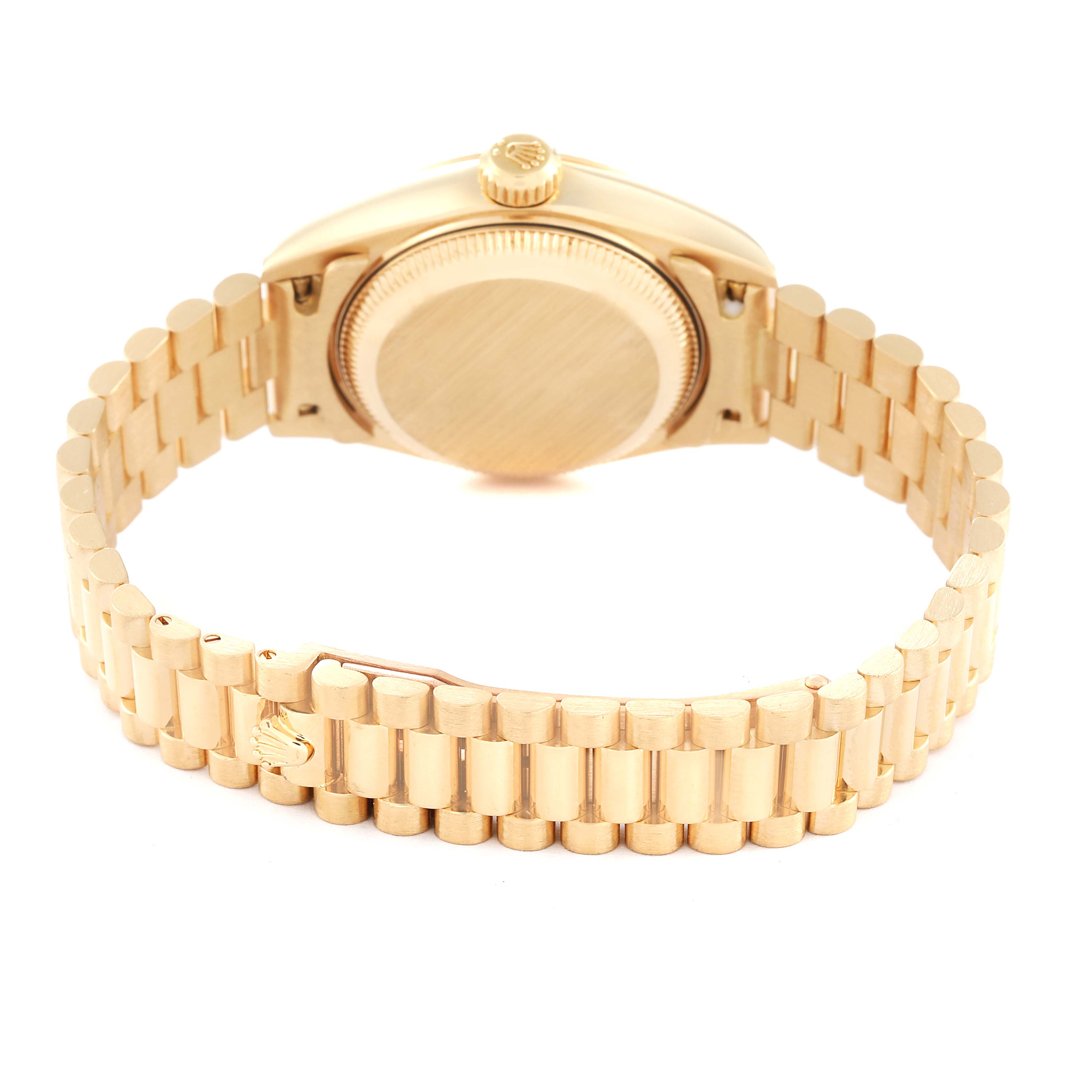 This image shows the back view of a Rolex Datejust 79178 Women's Yellow Gold Champagne Dial 79178 Women's Yellow Gold Champagne Dial watch, highlighting the case back, crown, and bracelet.