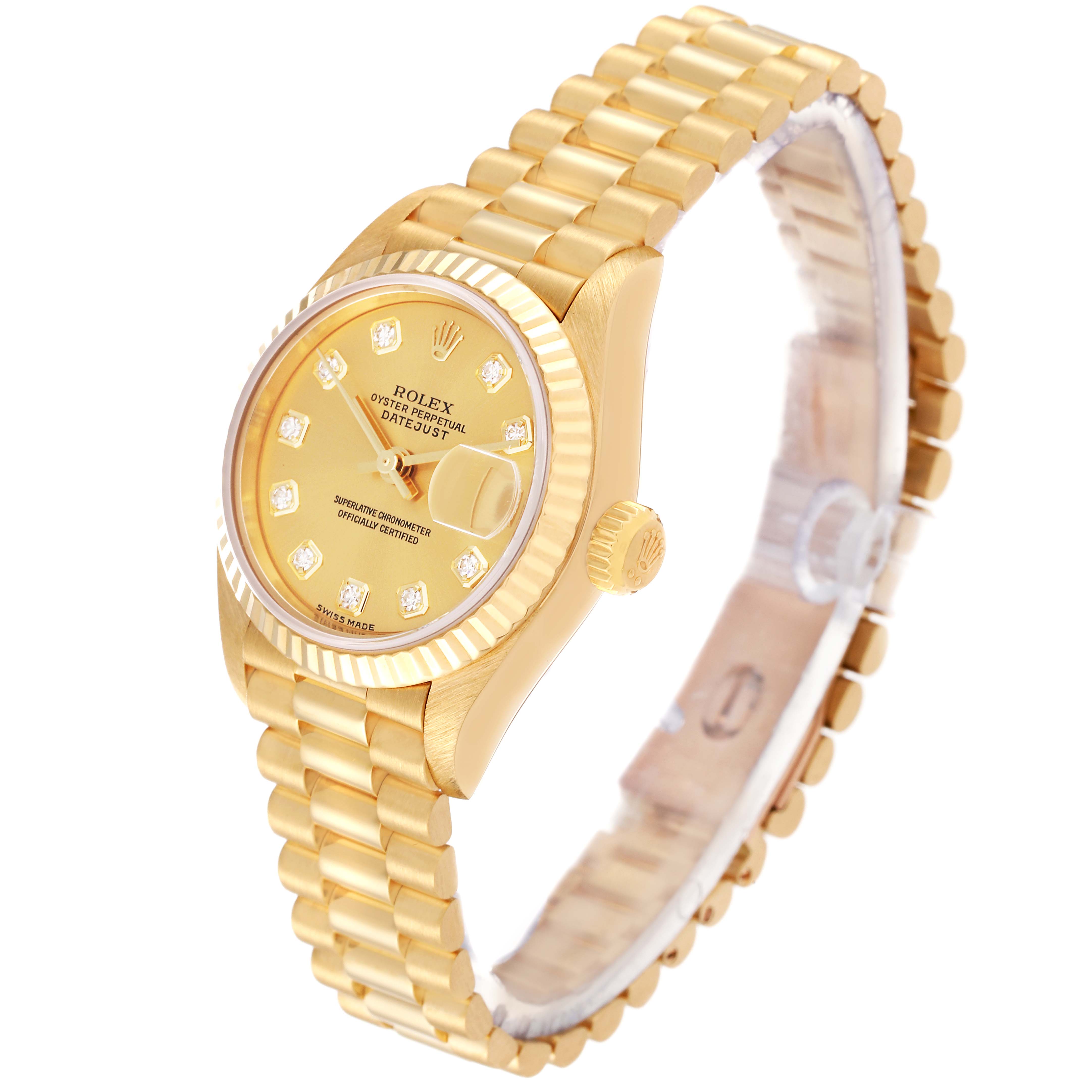This image shows a Rolex Datejust 79178 Women's Yellow Gold Champagne Dial 79178 Women's Yellow Gold Champagne Dial watch at a three-quarter angle, displaying its gold dial, bracelet, and fluted bezel.