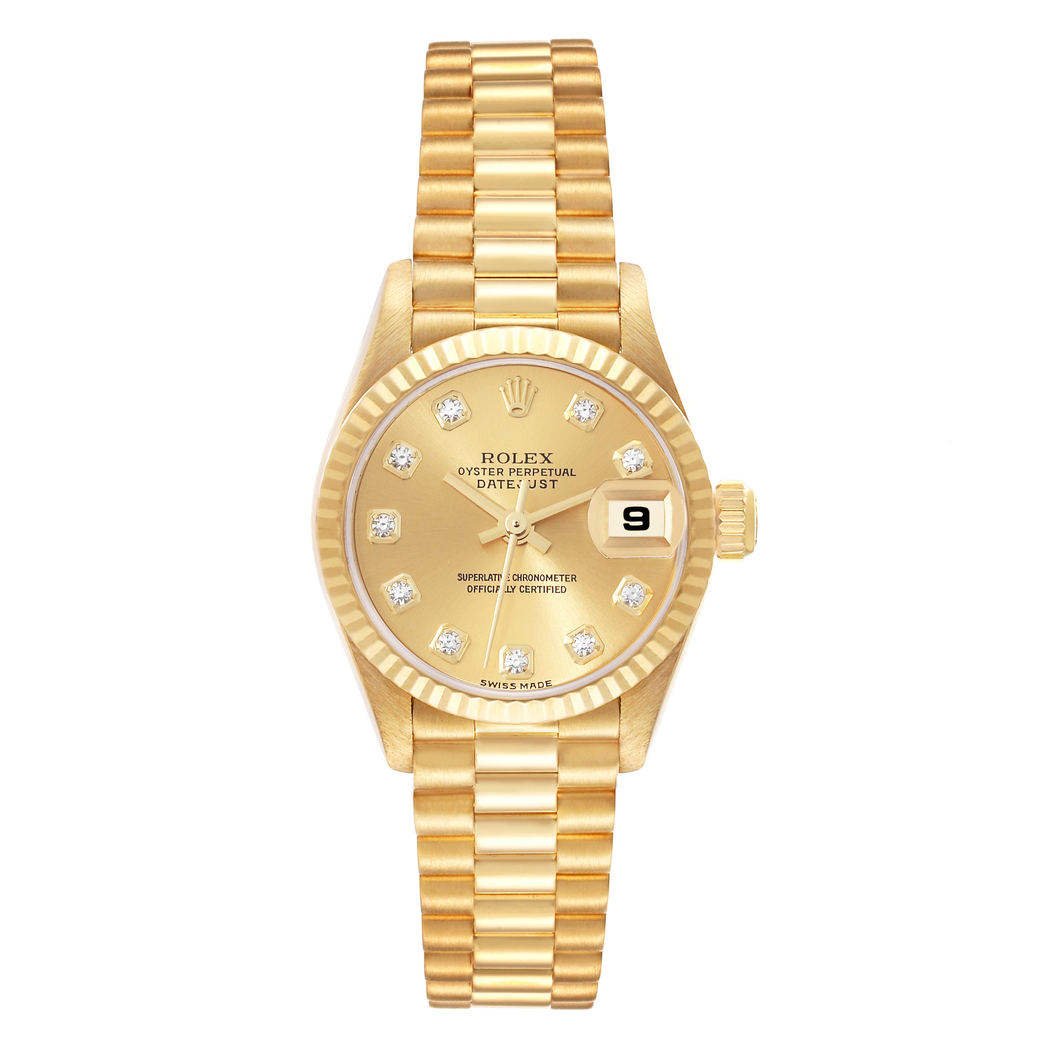 This image shows a front view of a Rolex Datejust 79178 Women's Yellow Gold Champagne Dial 79178 Women's Yellow Gold Champagne Dial watch with a gold-colored band and diamond hour markers.