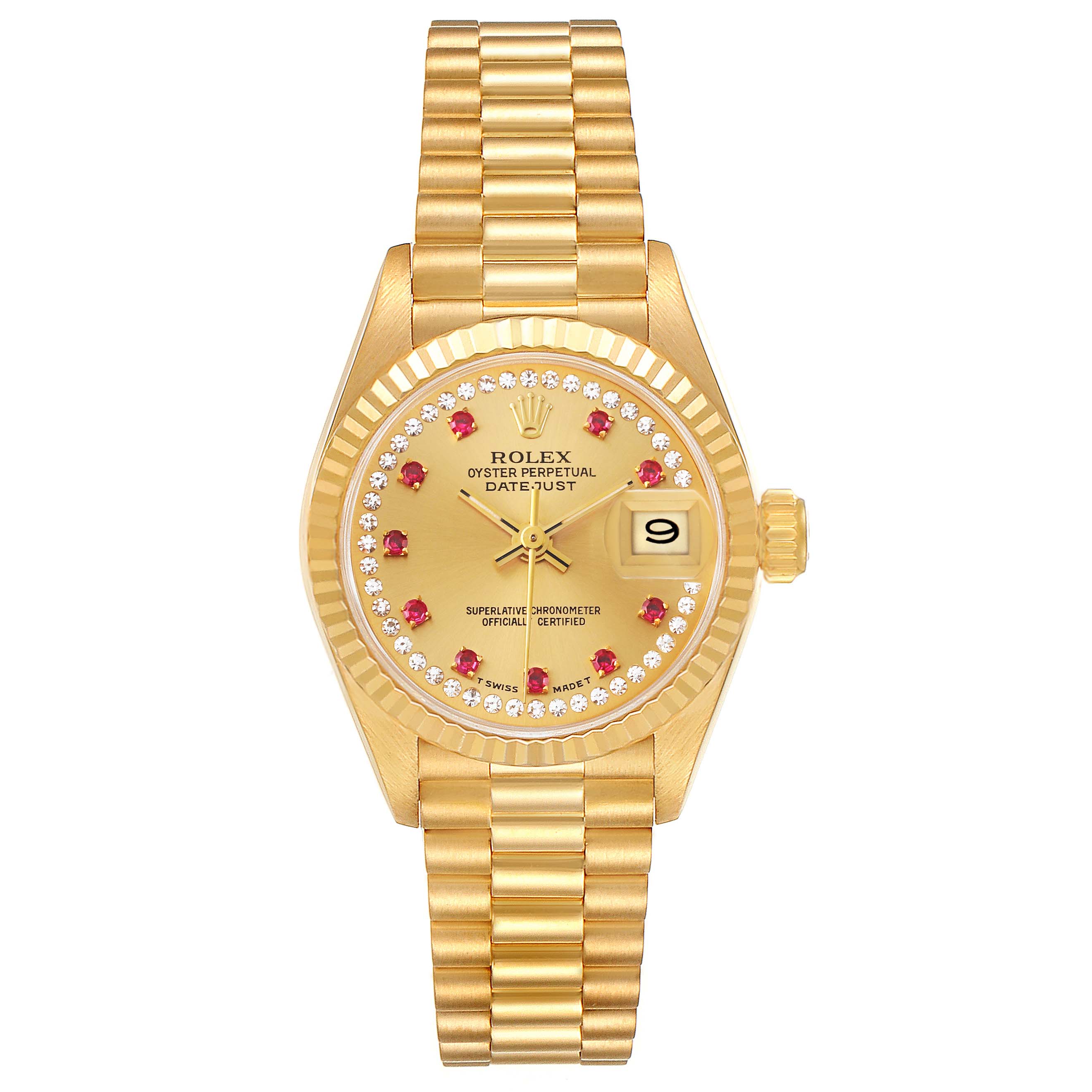 This Rolex President 69178 Women's Yellow Gold Champagne Dial 69178 Women's Yellow Gold Champagne Dial model watch is shown from a front angle, displaying its dial, case, and bracelet.