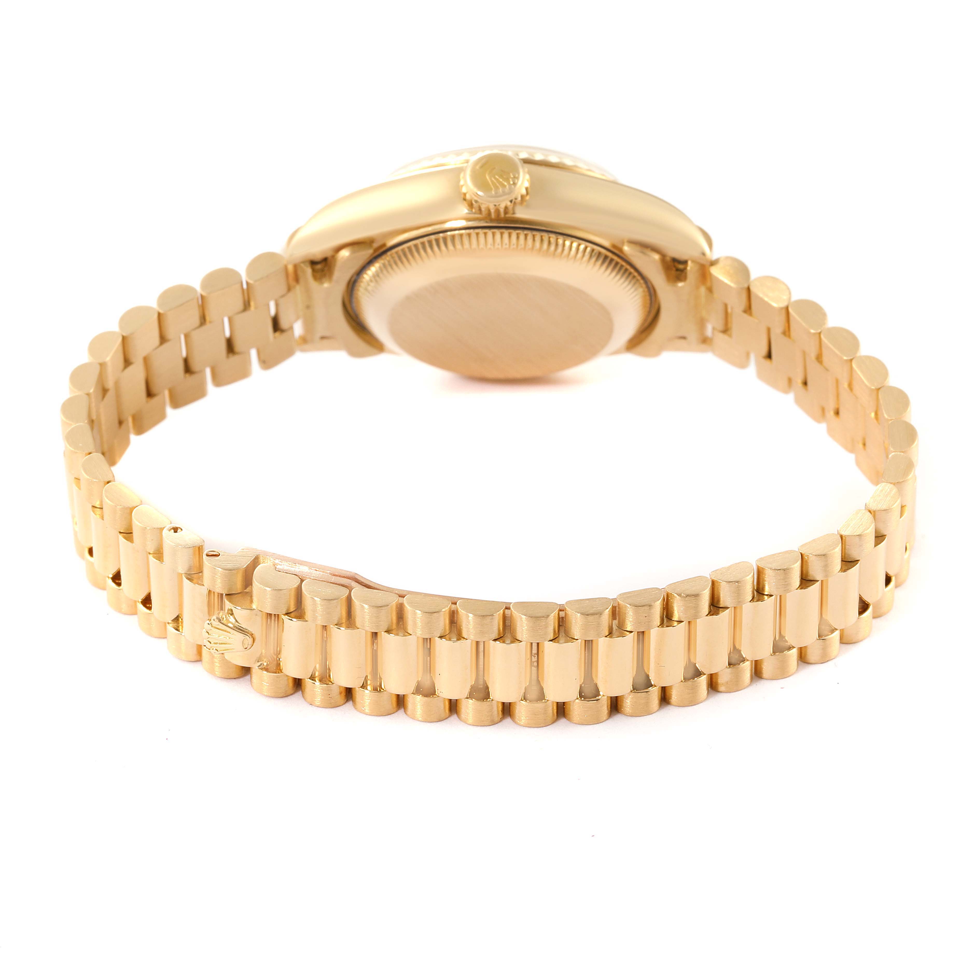 The image shows the back view of a Rolex President 69178 Women's Yellow Gold Champagne Dial 69178 Women's Yellow Gold Champagne Dial model watch, focusing on the gold bracelet and the case back.
