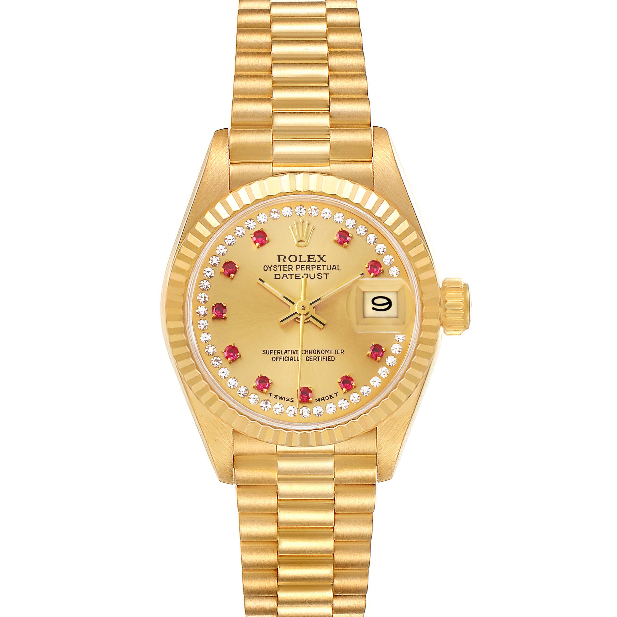This image shows a full, front view of the Rolex President 69178 Women's Yellow Gold Champagne Dial 69178 Women's Yellow Gold Champagne Dial model watch, displaying its gold bracelet, bezel, and dial with a date window.