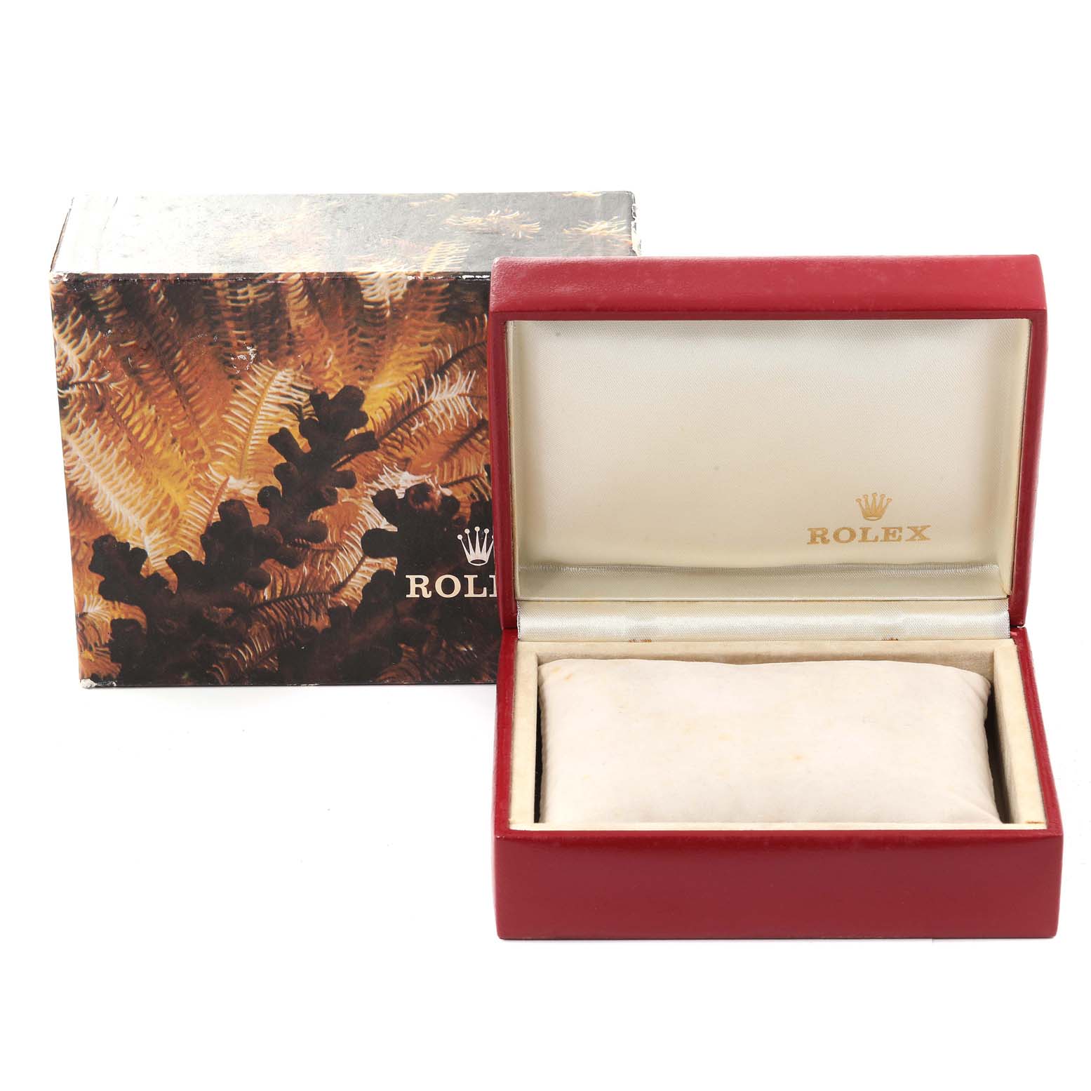 This image shows a Rolex President 69178 Women's Yellow Gold Champagne Dial 69178 Women's Yellow Gold Champagne Dial watch box with a pillow inside, and an outer decorative box to the side.