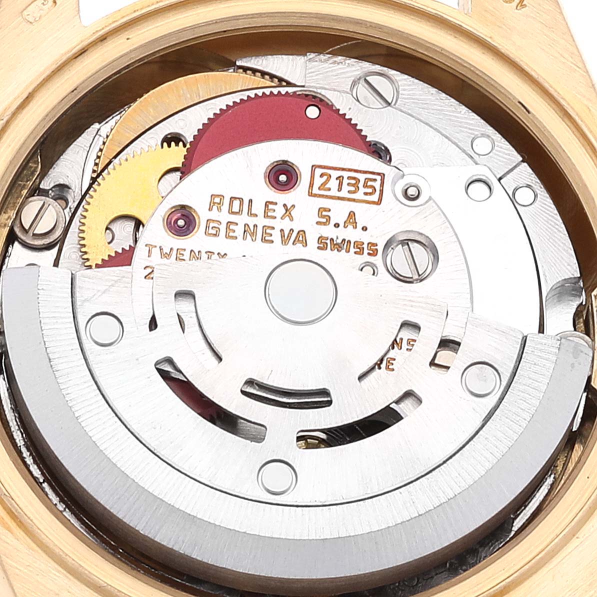 The image shows a close-up of the movement mechanism of the Rolex President 69178 Women's Yellow Gold Champagne Dial 69178 Women's Yellow Gold Champagne Dial model watch.