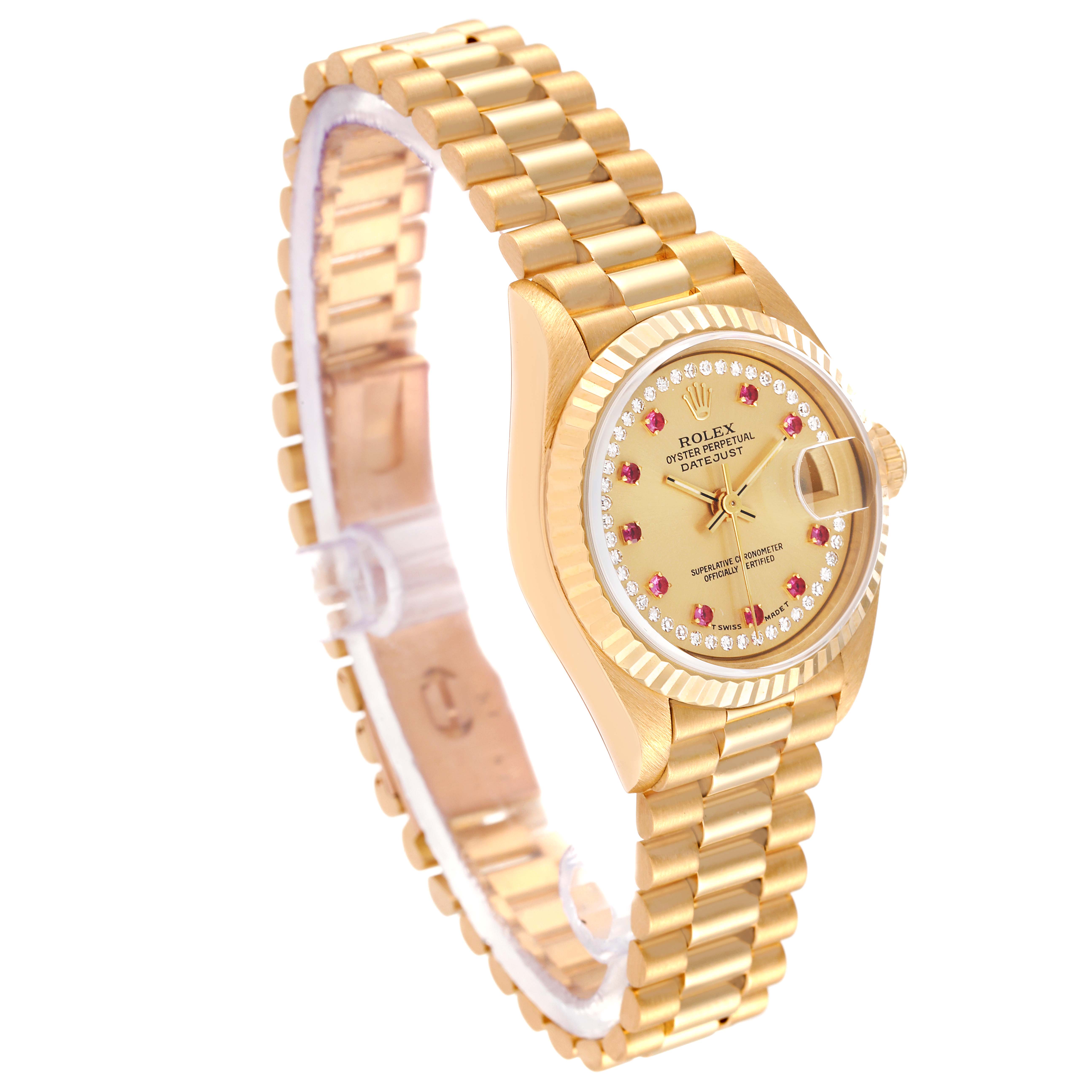The image shows a Rolex President 69178 Women's Yellow Gold Champagne Dial 69178 Women's Yellow Gold Champagne Dial watch, showcasing its gold bracelet, dial, bezel, and crown from a three-quarter angle.
