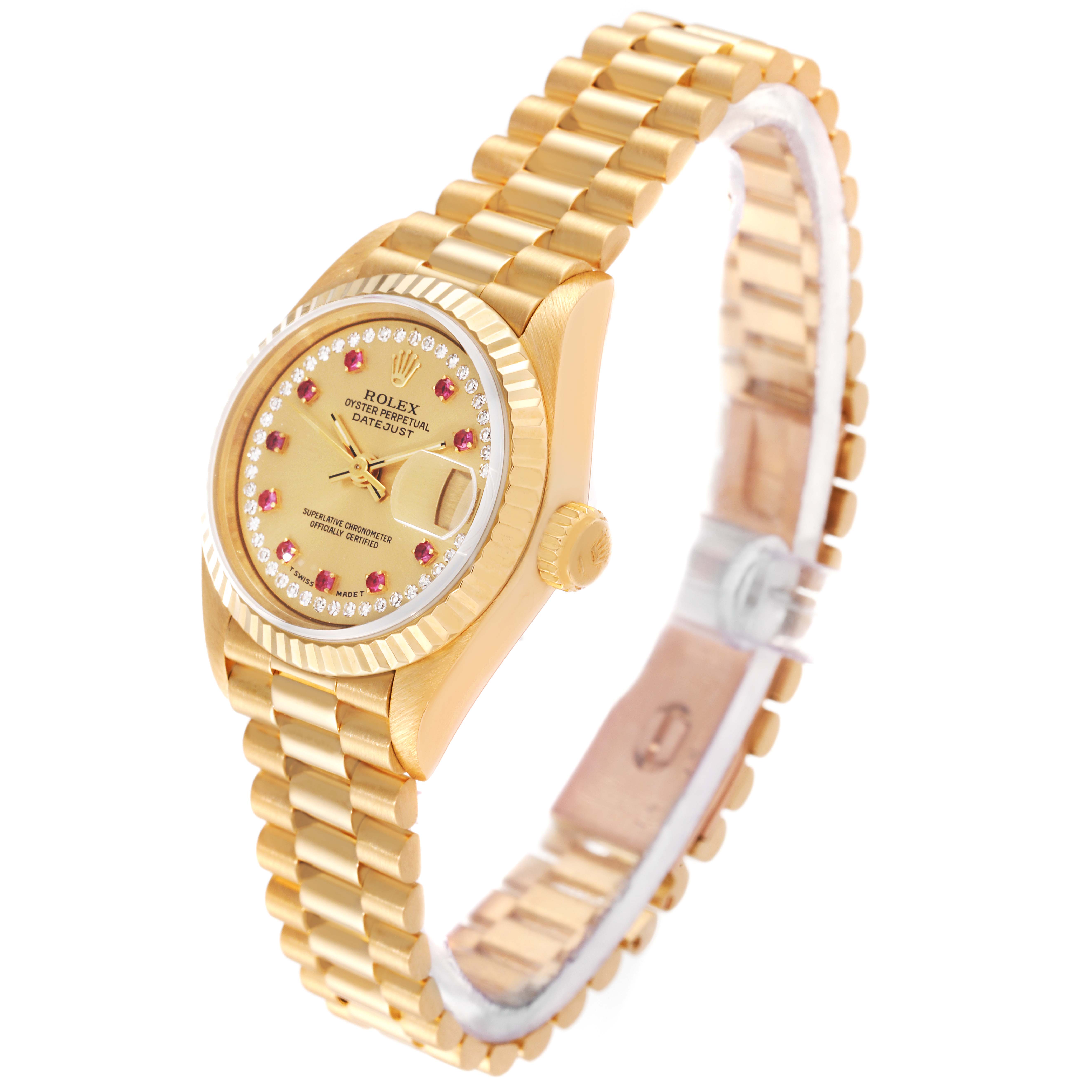 This image shows a Rolex President 69178 Women's Yellow Gold Champagne Dial 69178 Women's Yellow Gold Champagne Dial model watch at a slight side angle, highlighting its gold bracelet and dial.