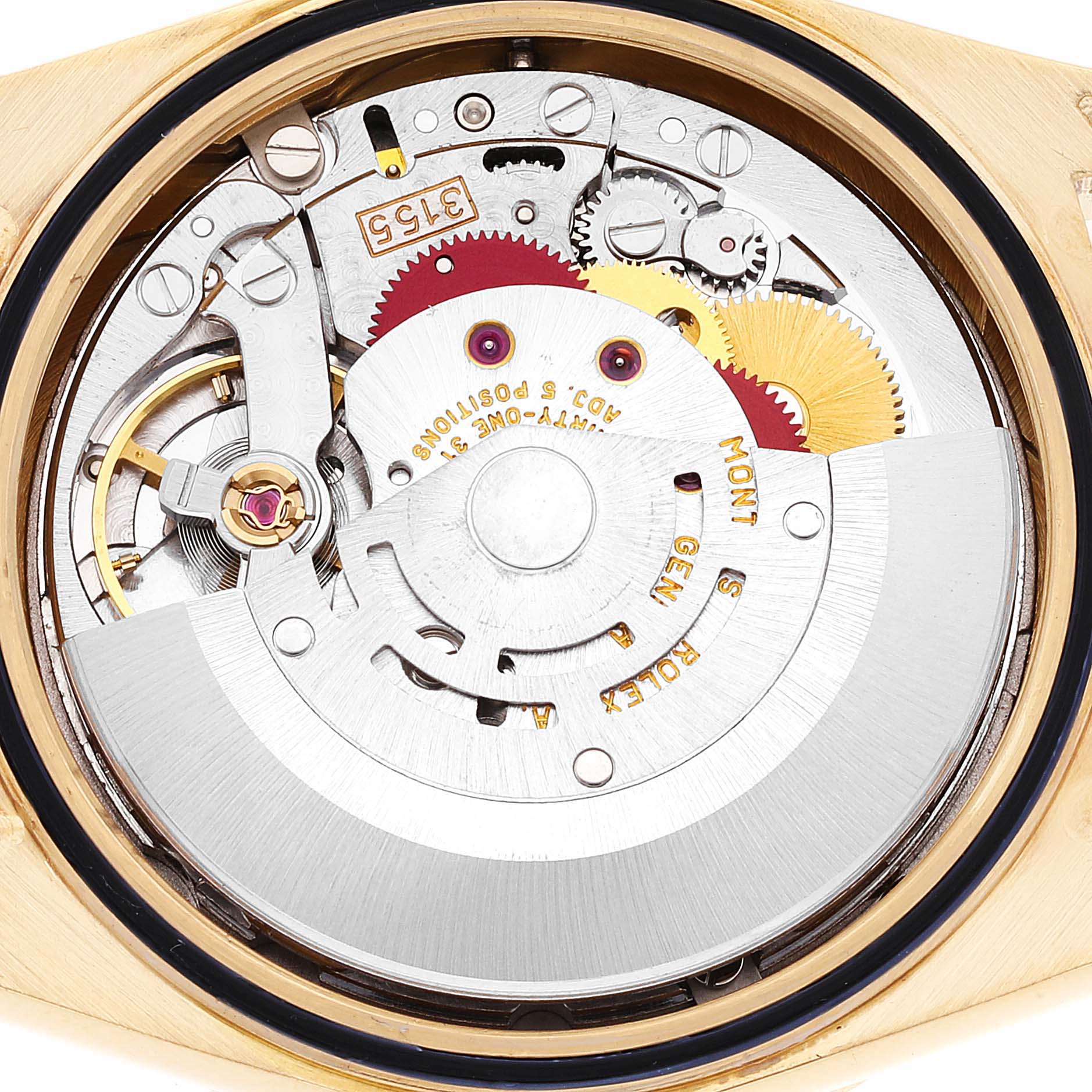 The image shows a close-up view of the internal mechanism of the Rolex President 18308 Men
s Yellow Gold Champagne Dial 18308 Men
s Yellow Gold Champagne Dial model watch.
