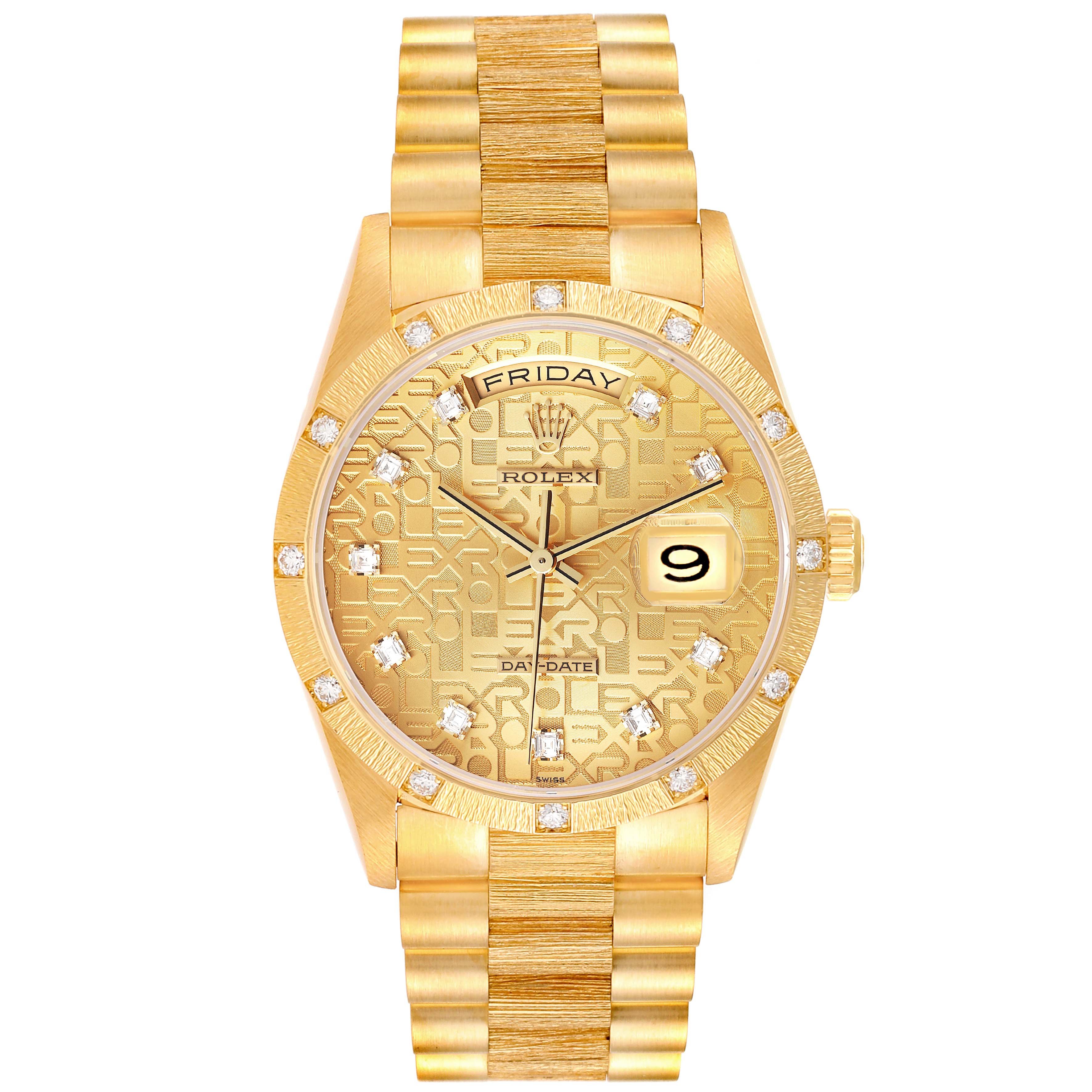 The Rolex President 18308 Men
s Yellow Gold Champagne Dial 18308 Men
s Yellow Gold Champagne Dial model watch is shown from a front angle, displaying its gold band, face, and day-date indicators.