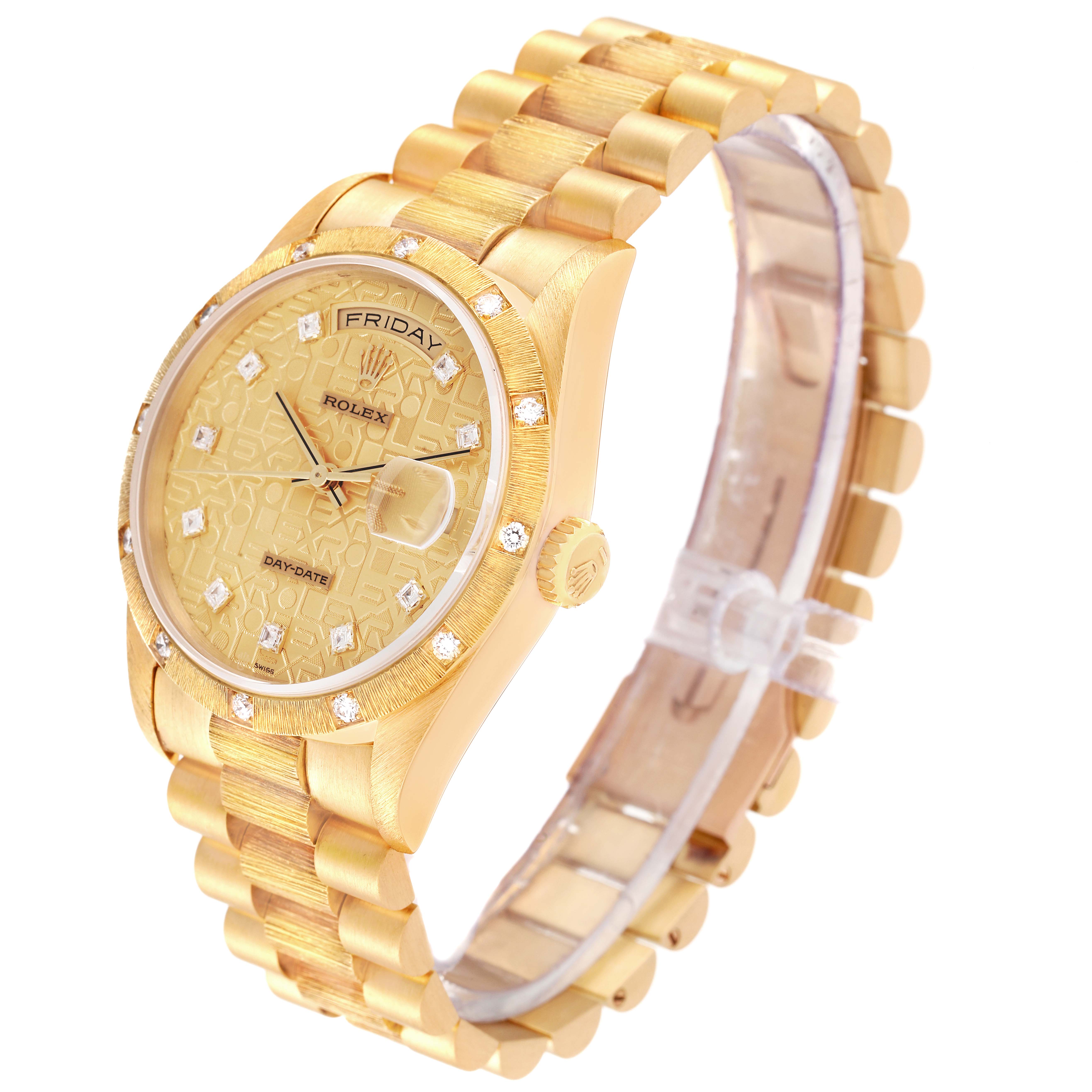 The image shows a side-angle view of a Rolex President 18308 Men
s Yellow Gold Champagne Dial 18308 Men
s Yellow Gold Champagne Dial model watch, displaying its dial, bezel, crown, and bracelet.