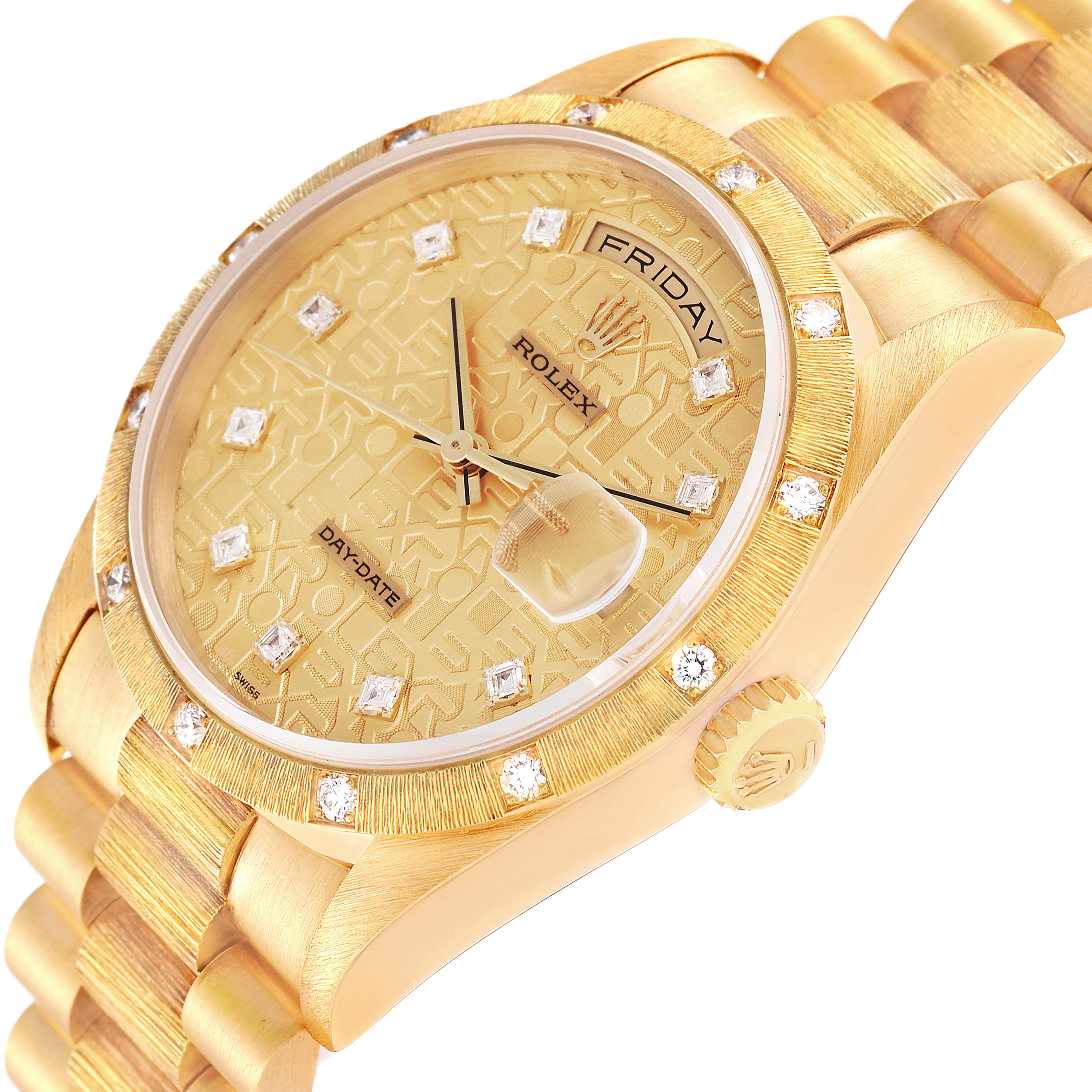 The image shows a close-up of the face and bracelet of a Rolex President 18308 Men
s Yellow Gold Champagne Dial 18308 Men
s Yellow Gold Champagne Dial model watch from an angled side view.