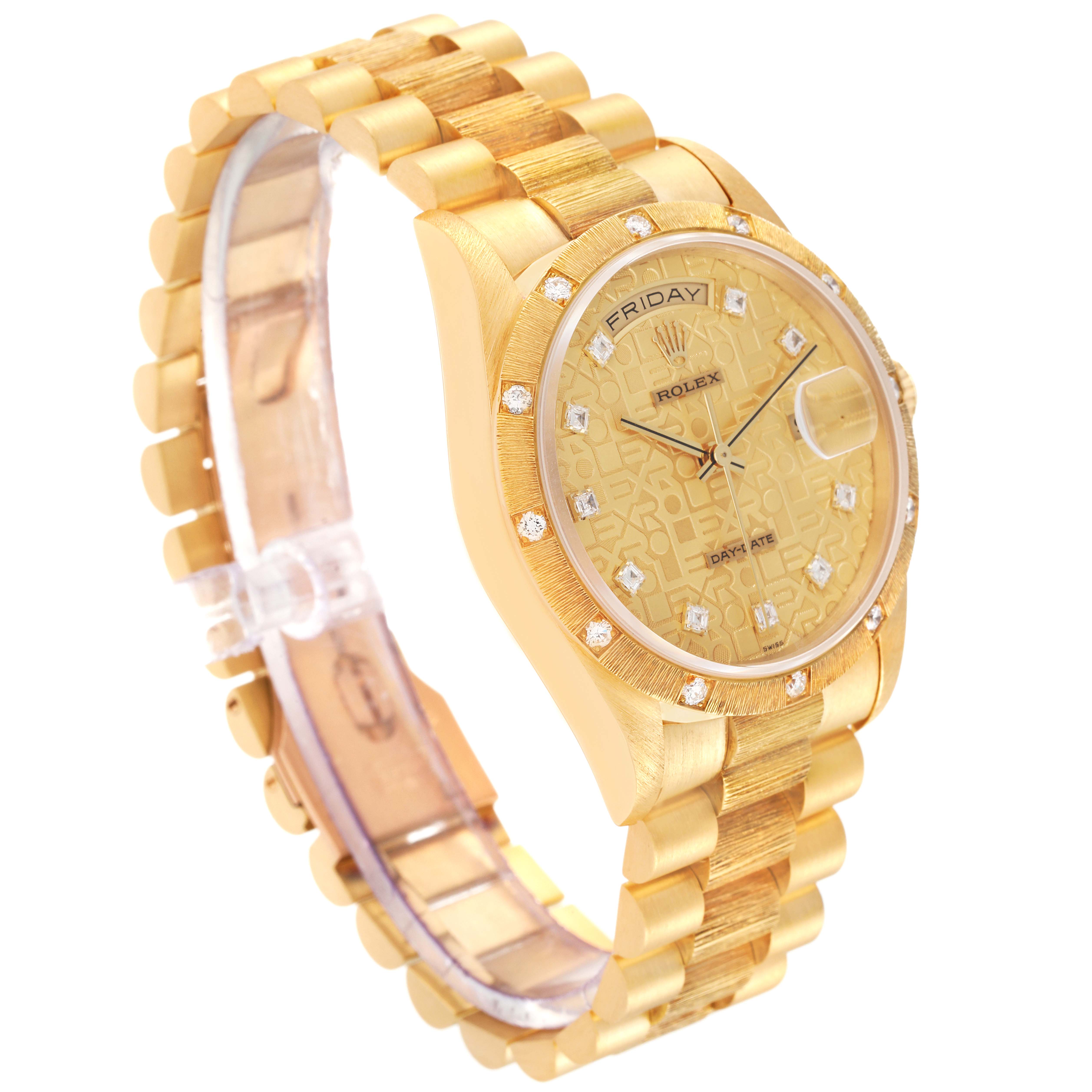 The Rolex President 18308 Men
s Yellow Gold Champagne Dial 18308 Men
s Yellow Gold Champagne Dial model watch is shown at a slight angle, displaying its band, bezel, dial, date, and day features.