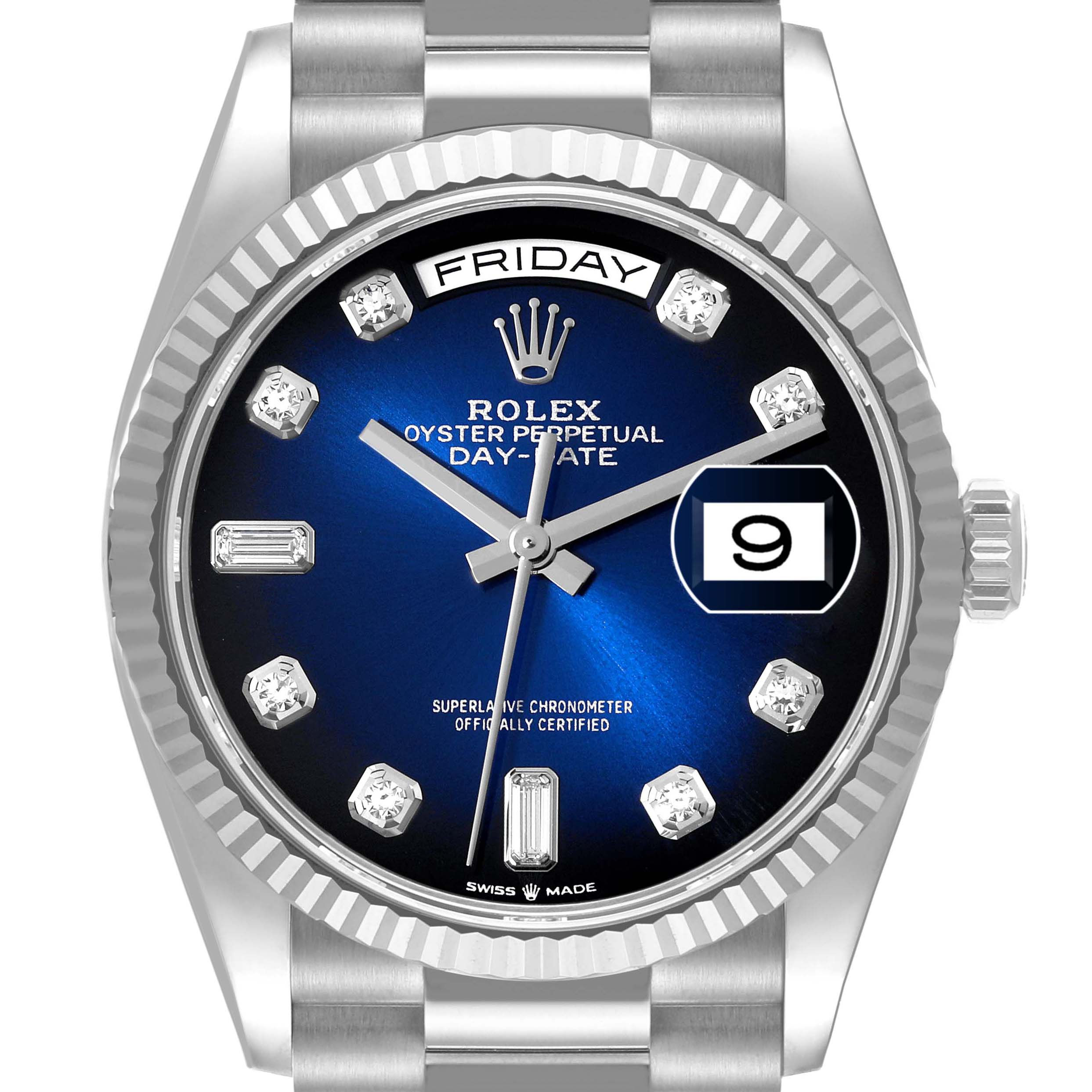 This image shows a frontal view of the Rolex President 128239 Men's White Gold Blue Dial 128239 Men's White Gold Blue Dial model watch, highlighting its blue dial, diamond markers, day, and date functions.