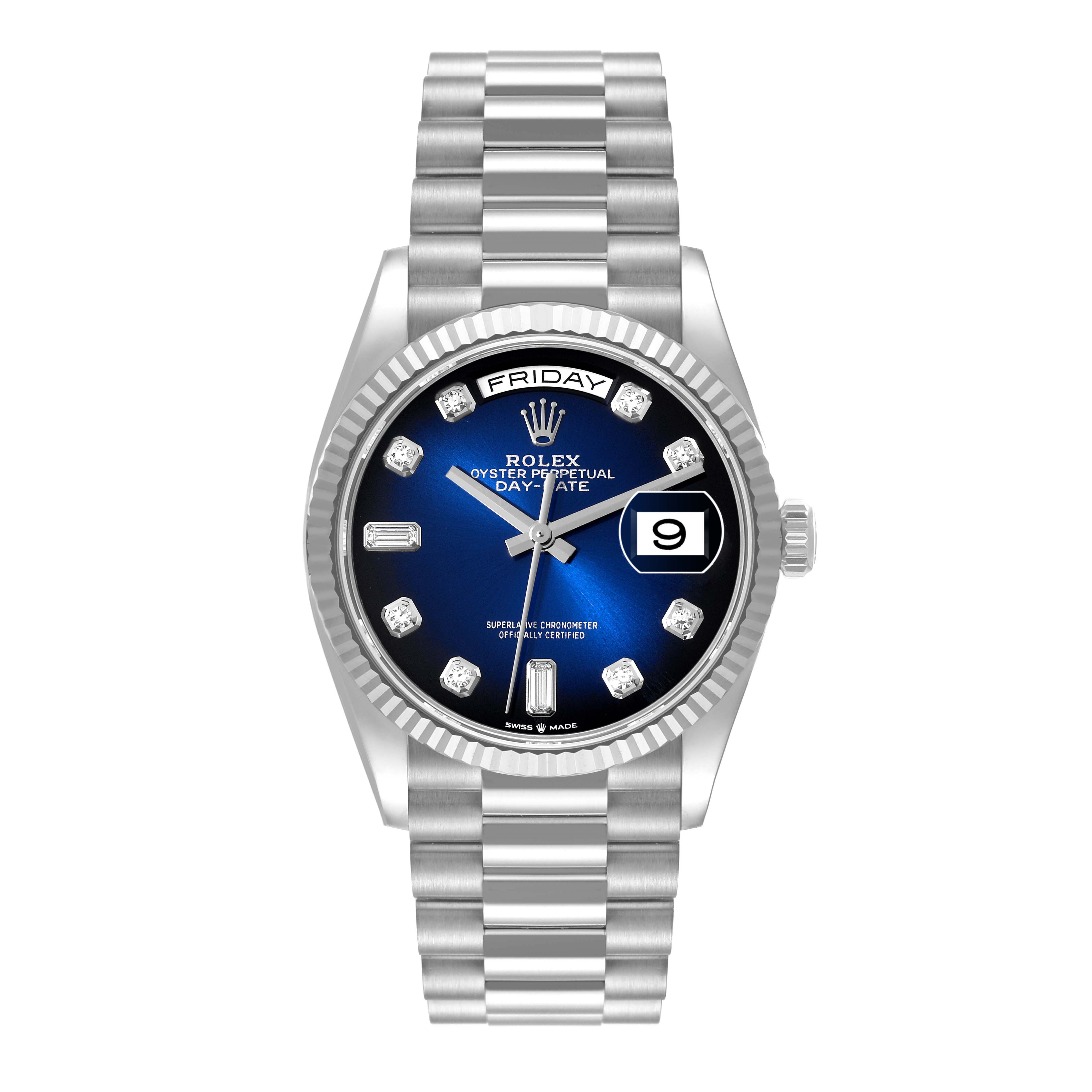 This image shows a frontal view of a Rolex President 128239 Men's White Gold Blue Dial 128239 Men's White Gold Blue Dial model watch displaying its face, bezel, and bracelet.